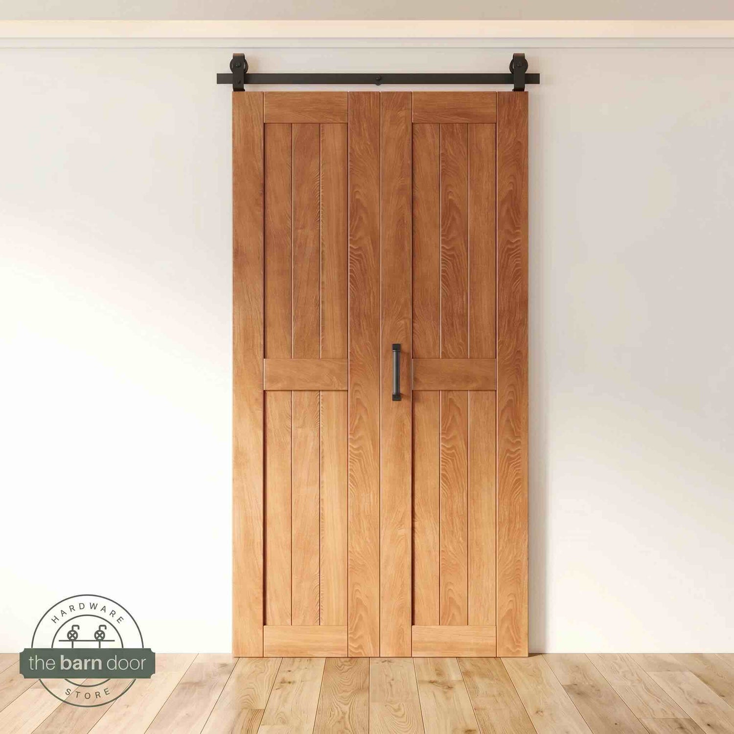 Two-panel bifold barn door in Early American finish, installed and fully closed in a modern interior, showing the top-mount Matte Black track.