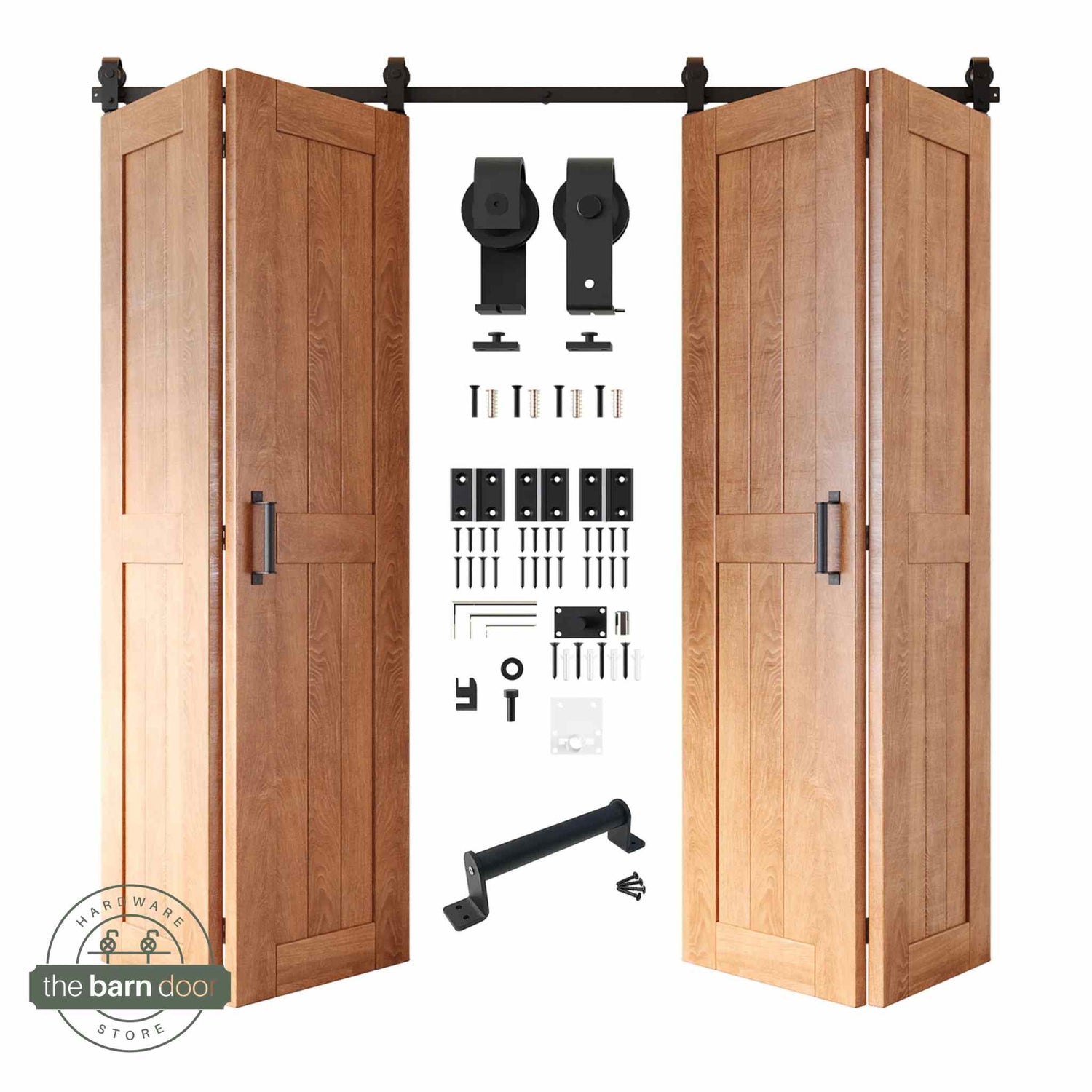 Full kit contents: Four open and partially folded early American bifold door panels shown with all accompanying Matte Black top-mount hardware components.