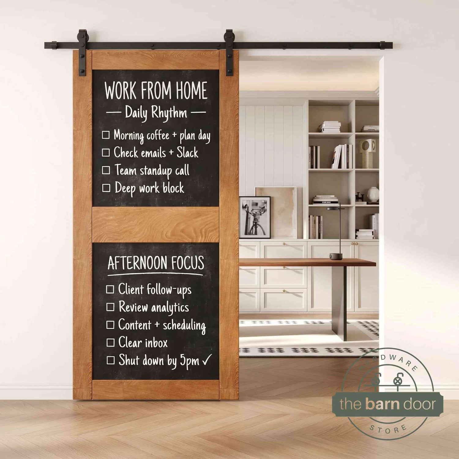 An Early American two-panel chalkboard barn door mounted on a sleek black sliding track, shown partially open to reveal a modern home office with built-in white shelving.