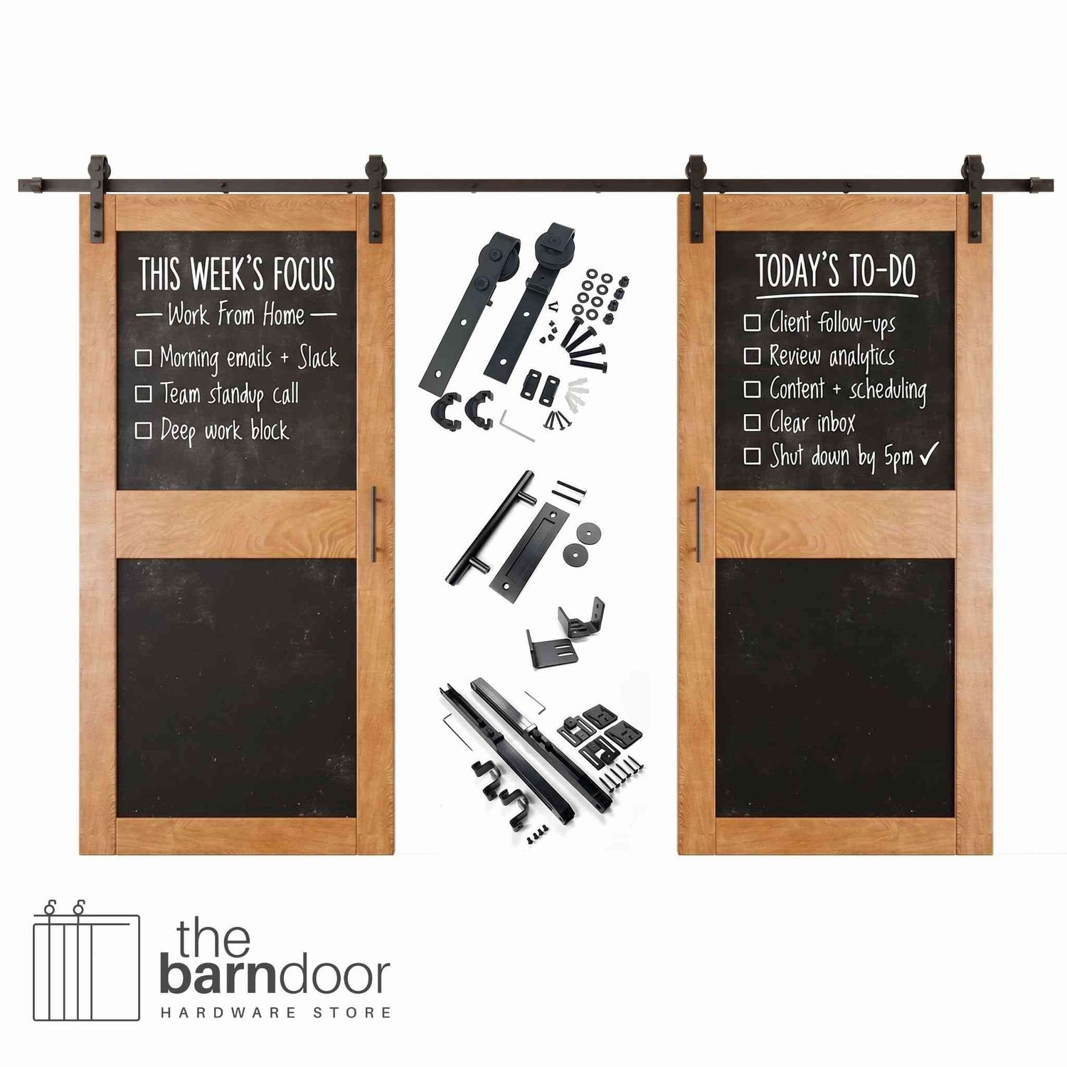 Early American barn door set with black chalkboard panels and hardware components on a white background