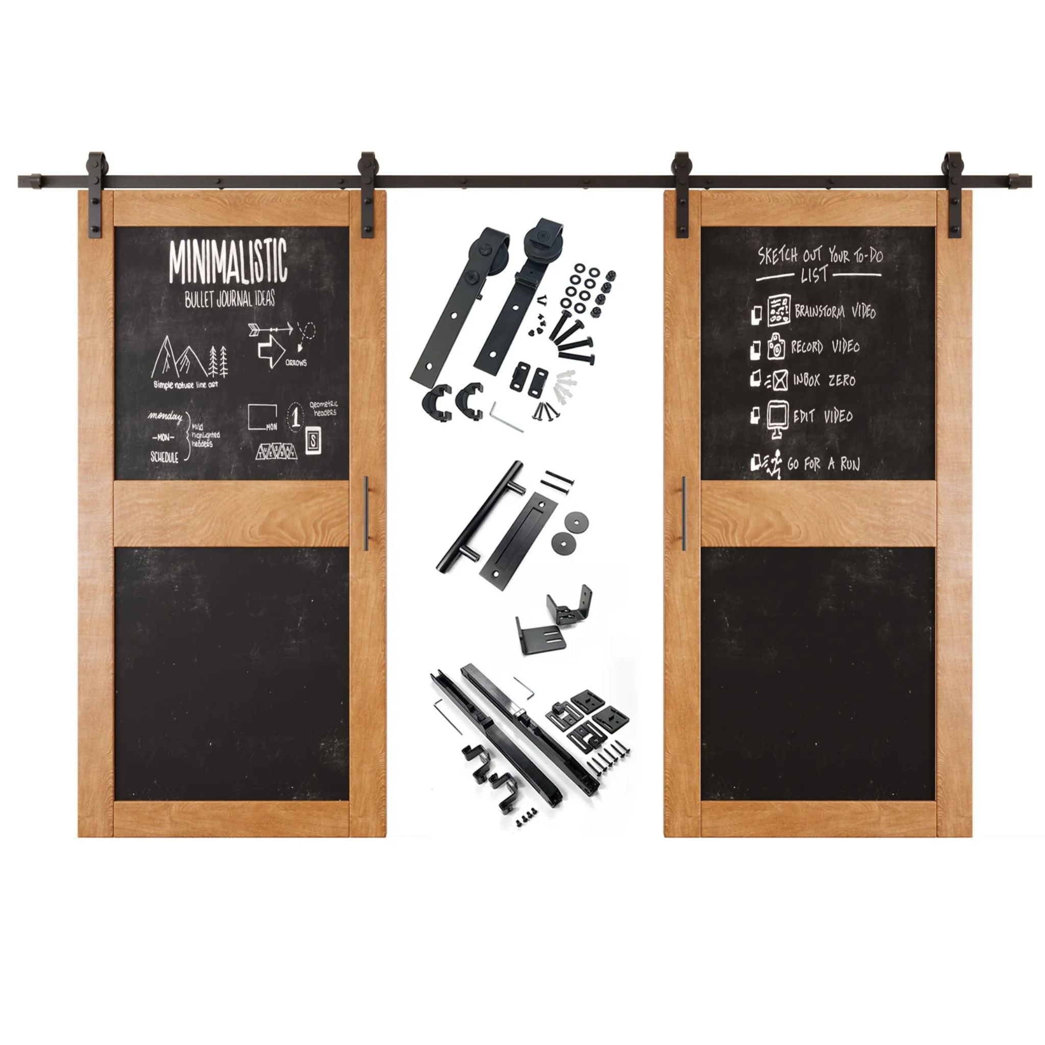 Early American barn door set with black chalkboard panels and hardware components on a white background