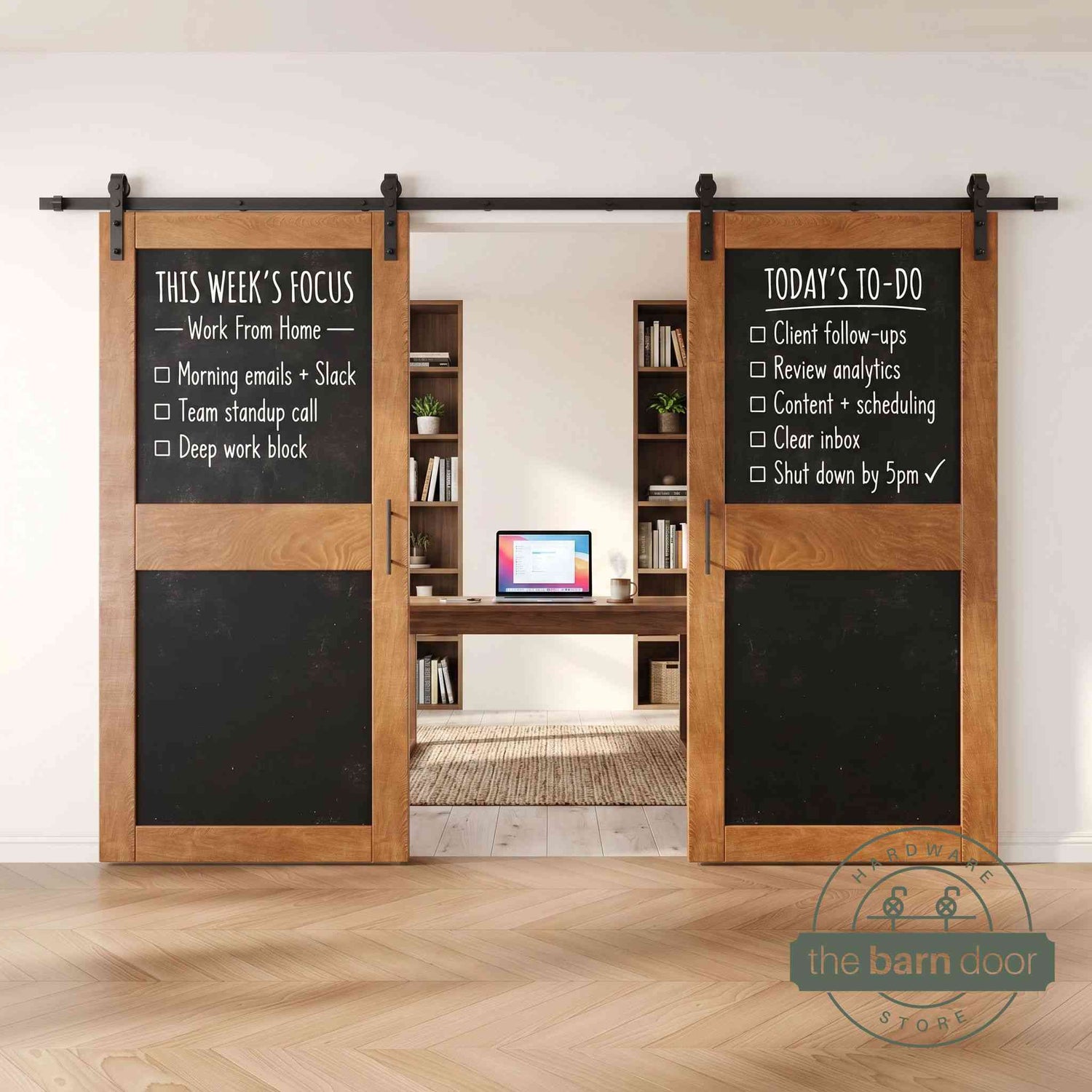 Early American barn doors with black chalkboard surfaces in a modern interior setting