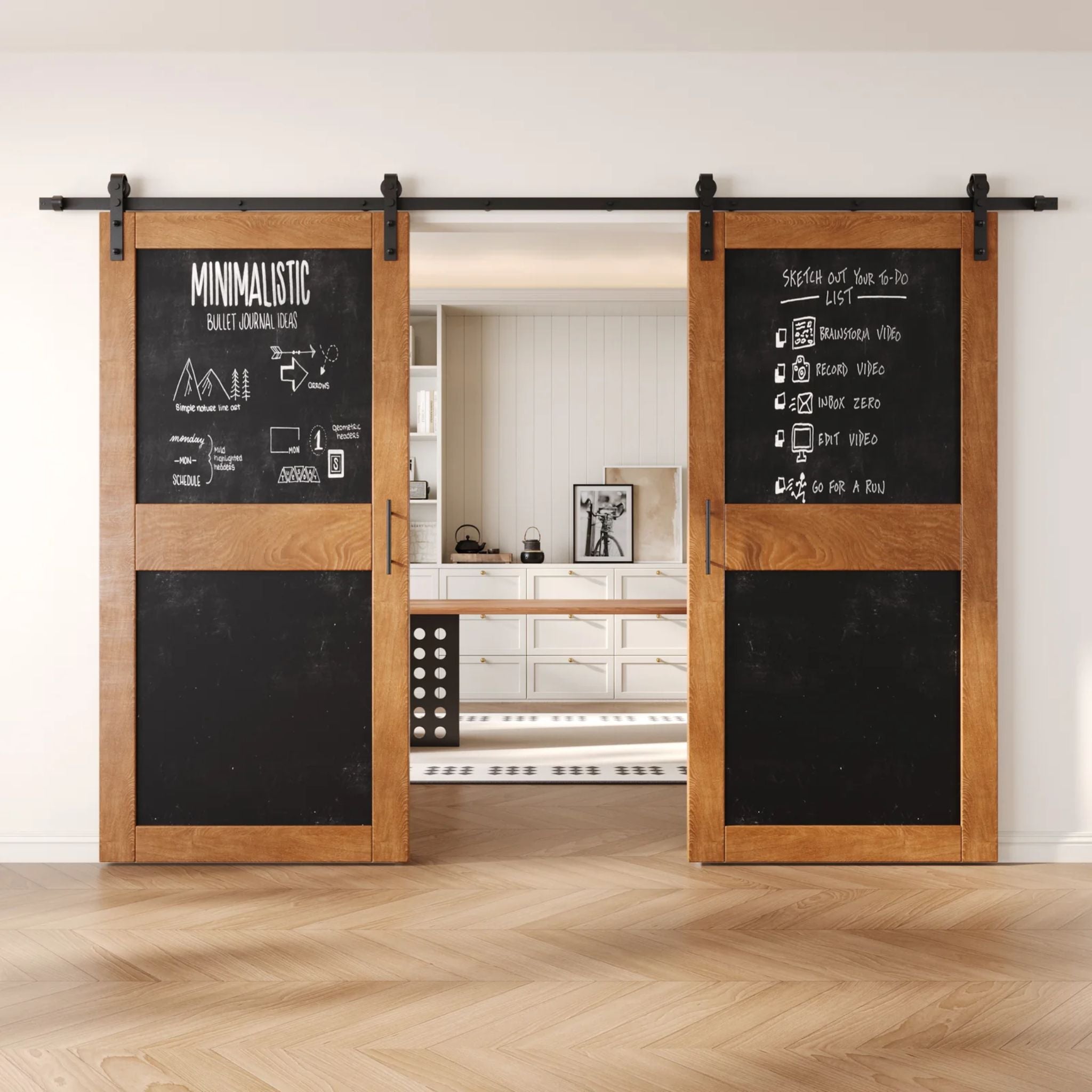 Early American barn doors with black chalkboard surfaces in a modern interior setting