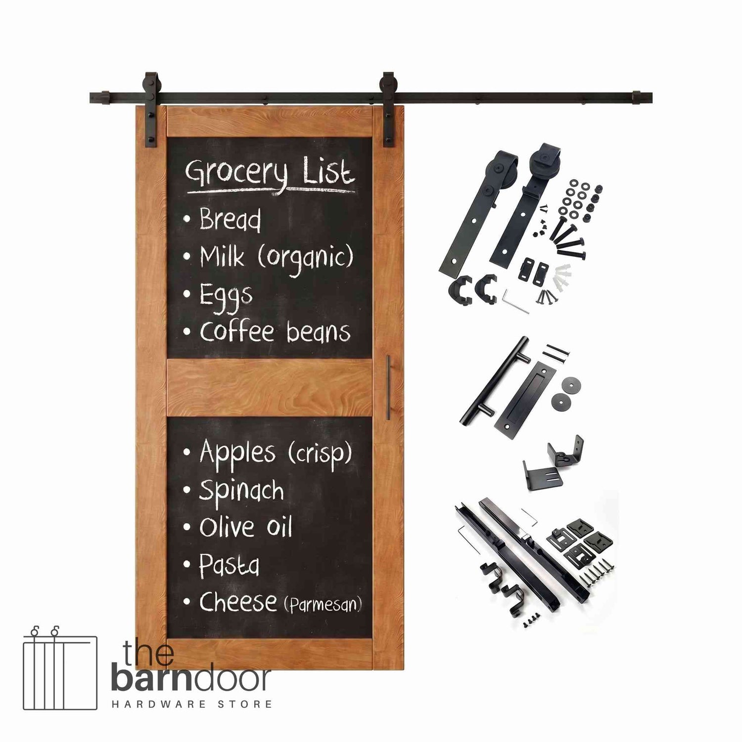 Early American barn door kit with black chalkboard surface and hardware components on a white background