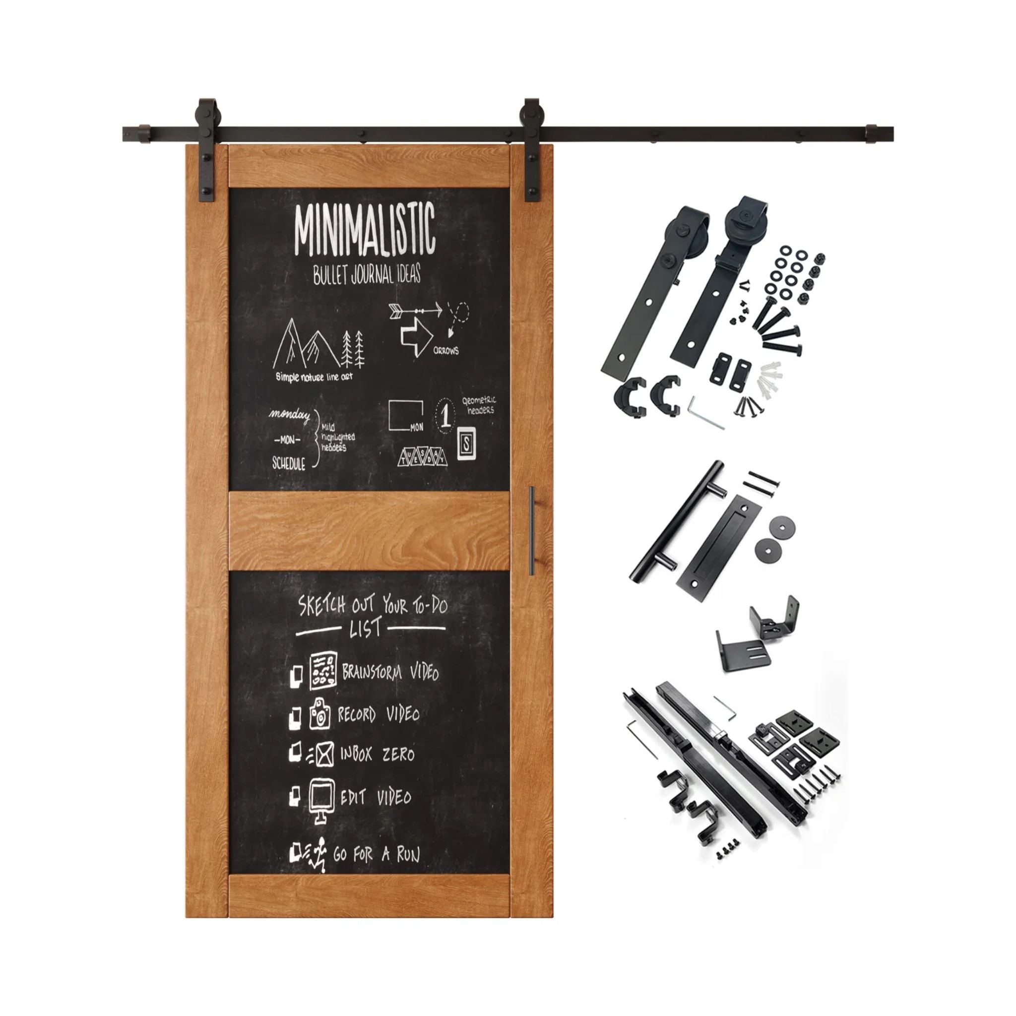 Early American barn door kit with black chalkboard surface and hardware components on a white background