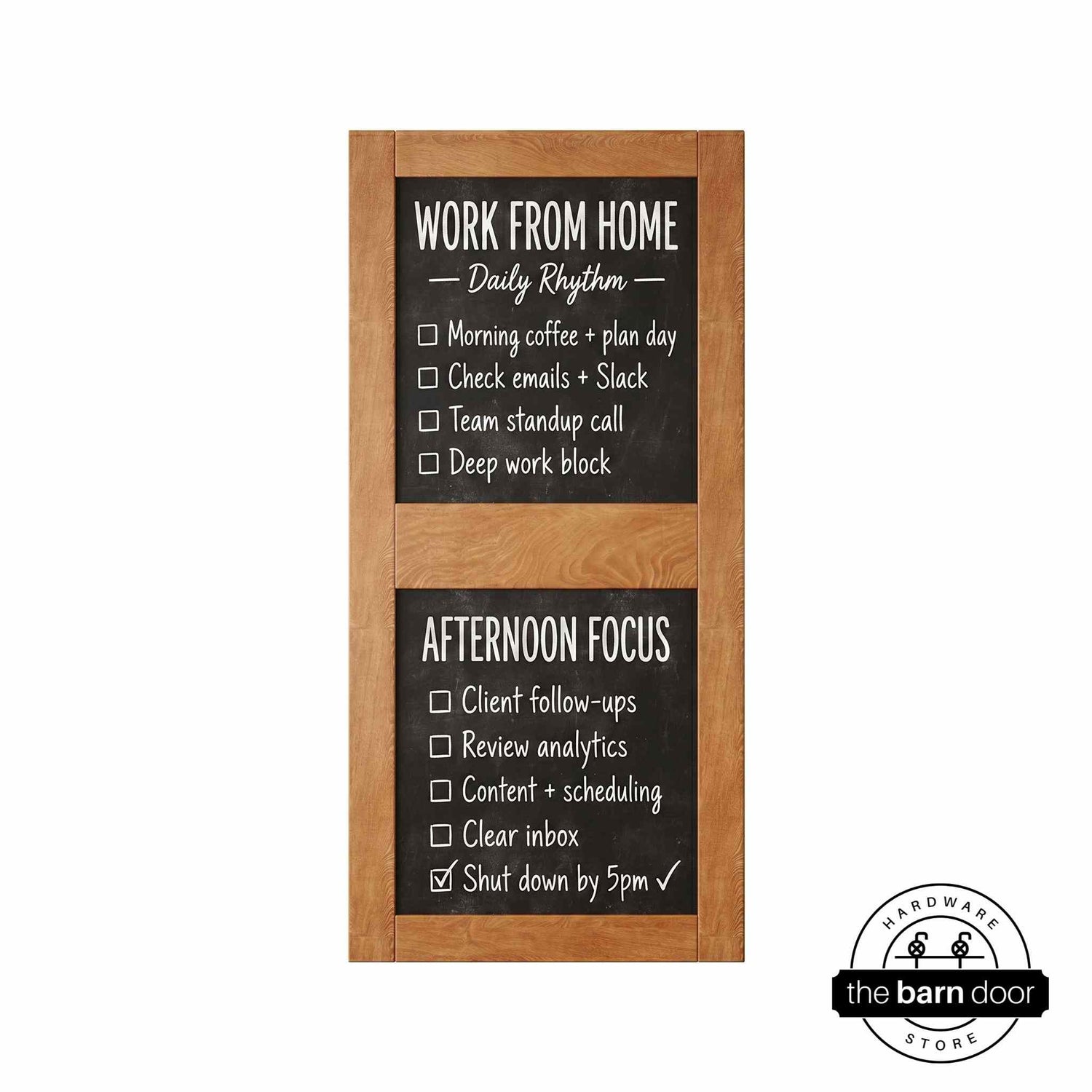 Front view of a vertical early american chalkboard door with two panels.