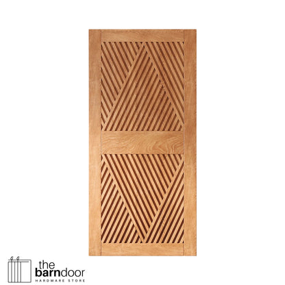 Close-up studio shot of a single Early American barn door panel featuring a striking slatted diamond geometric pattern.