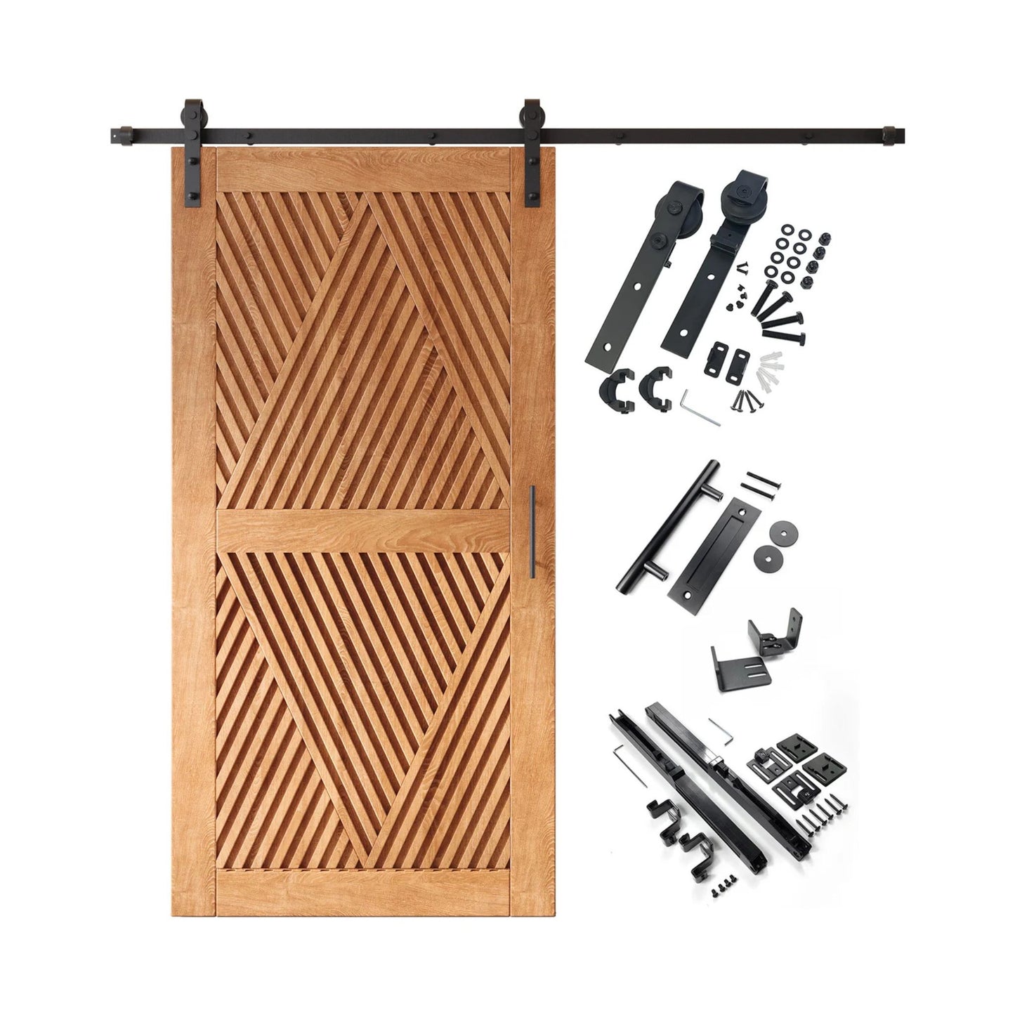 A complete barn door hardware kit featuring a striking early American barn door with an intricate, open diamond slat pattern, black sliding track, rollers, handle, and all mounting components displayed next to the door.