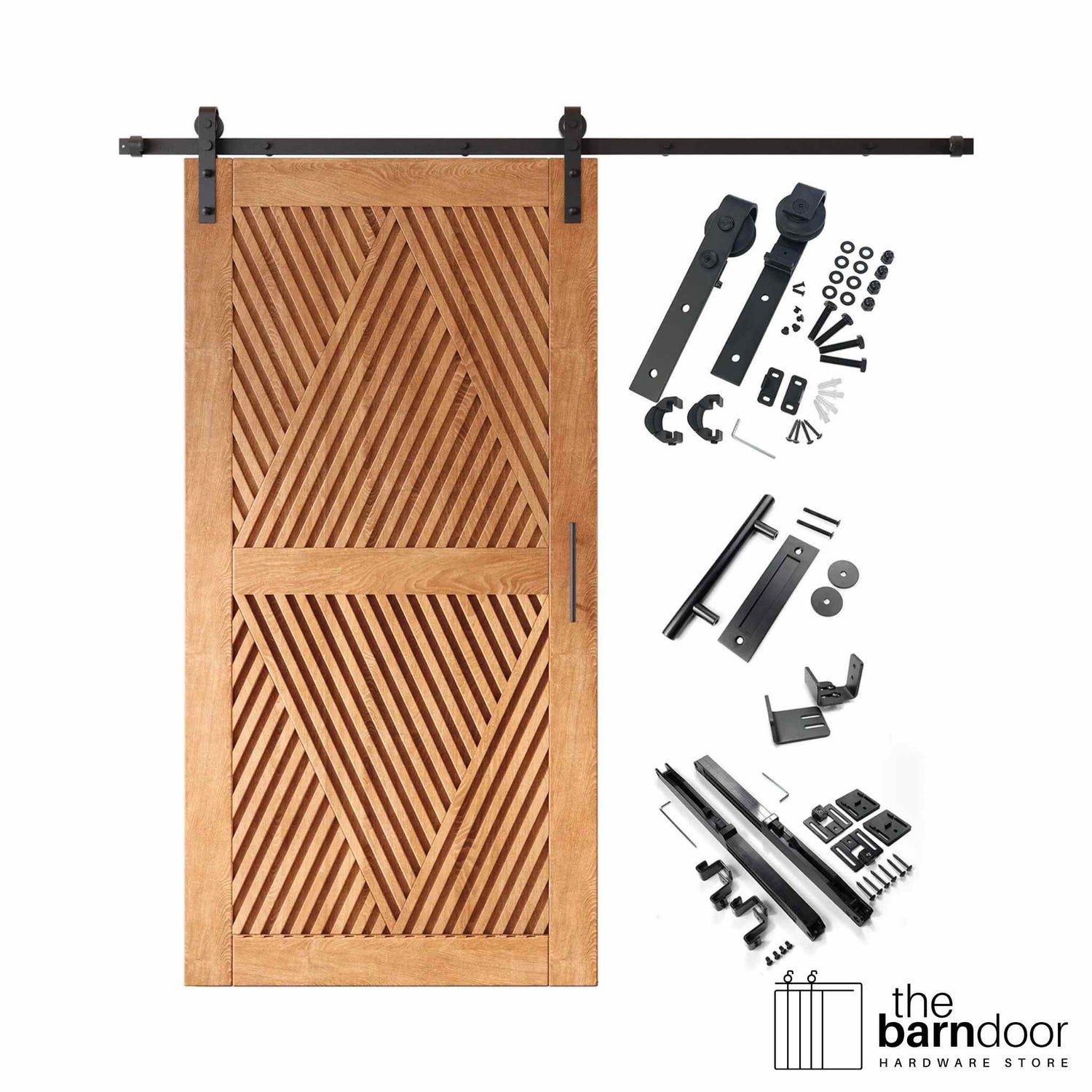 A complete barn door hardware kit featuring a striking early American barn door with an intricate, open diamond slat pattern, black sliding track, rollers, handle, and all mounting components displayed next to the door.