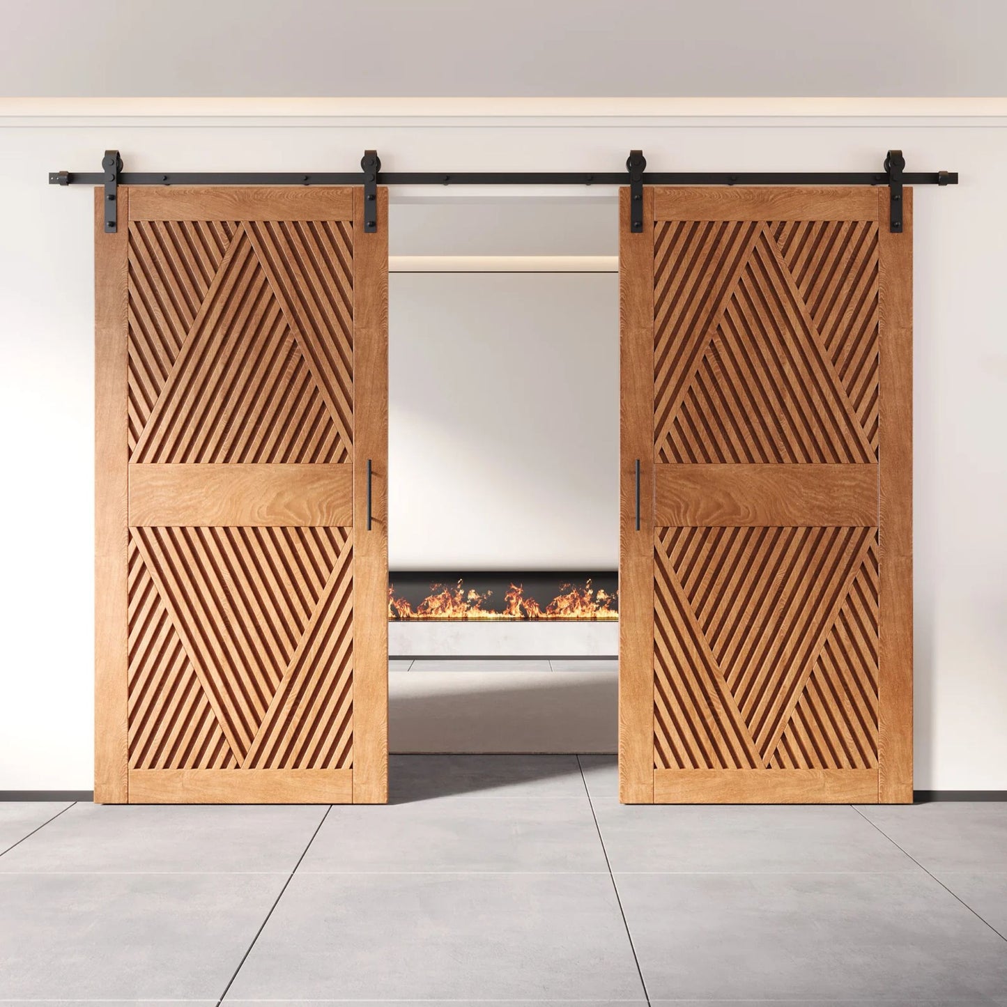 Two fully closed double barn doors in an early American finish, featuring a bold, intricate diamond slat pattern. The doors are installed with black sliding hardware against a white wall, revealing a modern linear fireplace in the space behind them.