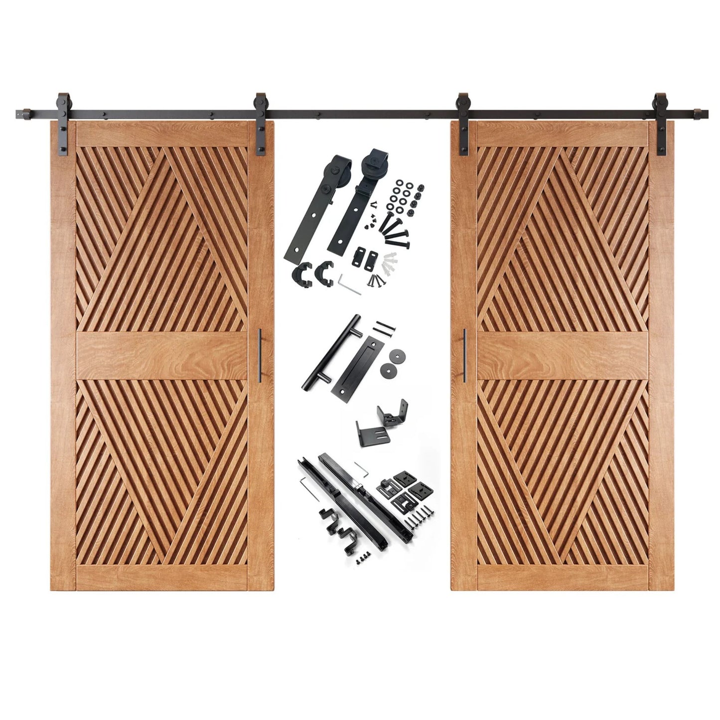 A complete double barn door kit featuring two early American doors with an intricate diamond slat pattern. The black sliding track, rollers, handle, and all mounting components are displayed in the center between the two doors.