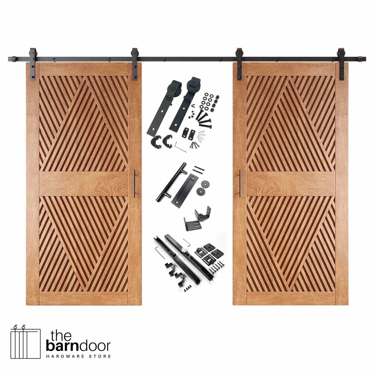 A complete double barn door kit featuring two early American doors with an intricate diamond slat pattern. The black sliding track, rollers, handle, and all mounting components are displayed in the center between the two doors.