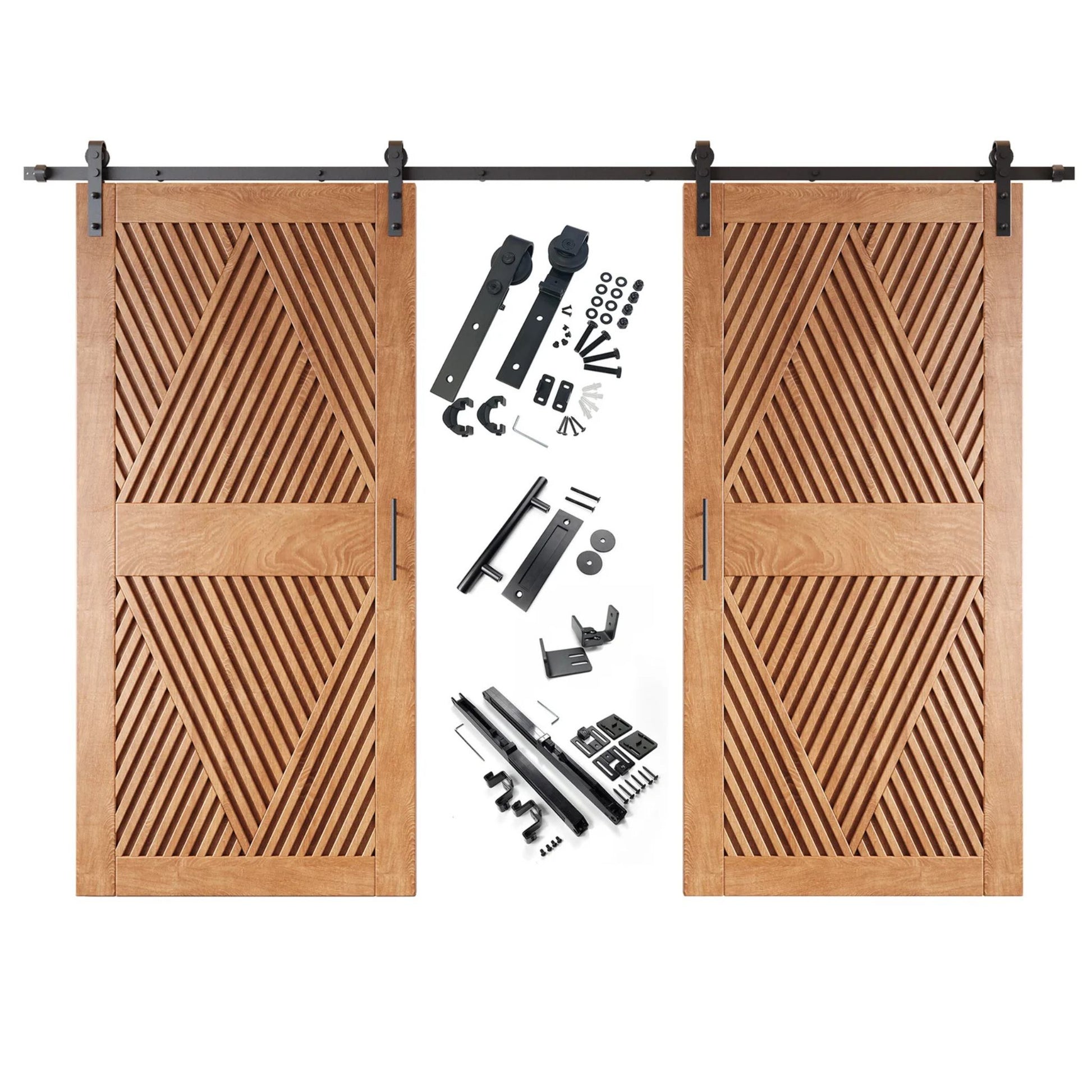 A complete double barn door kit featuring two early American doors with an intricate diamond slat pattern. The black sliding track, rollers, handle, and all mounting components are displayed in the center between the two doors.