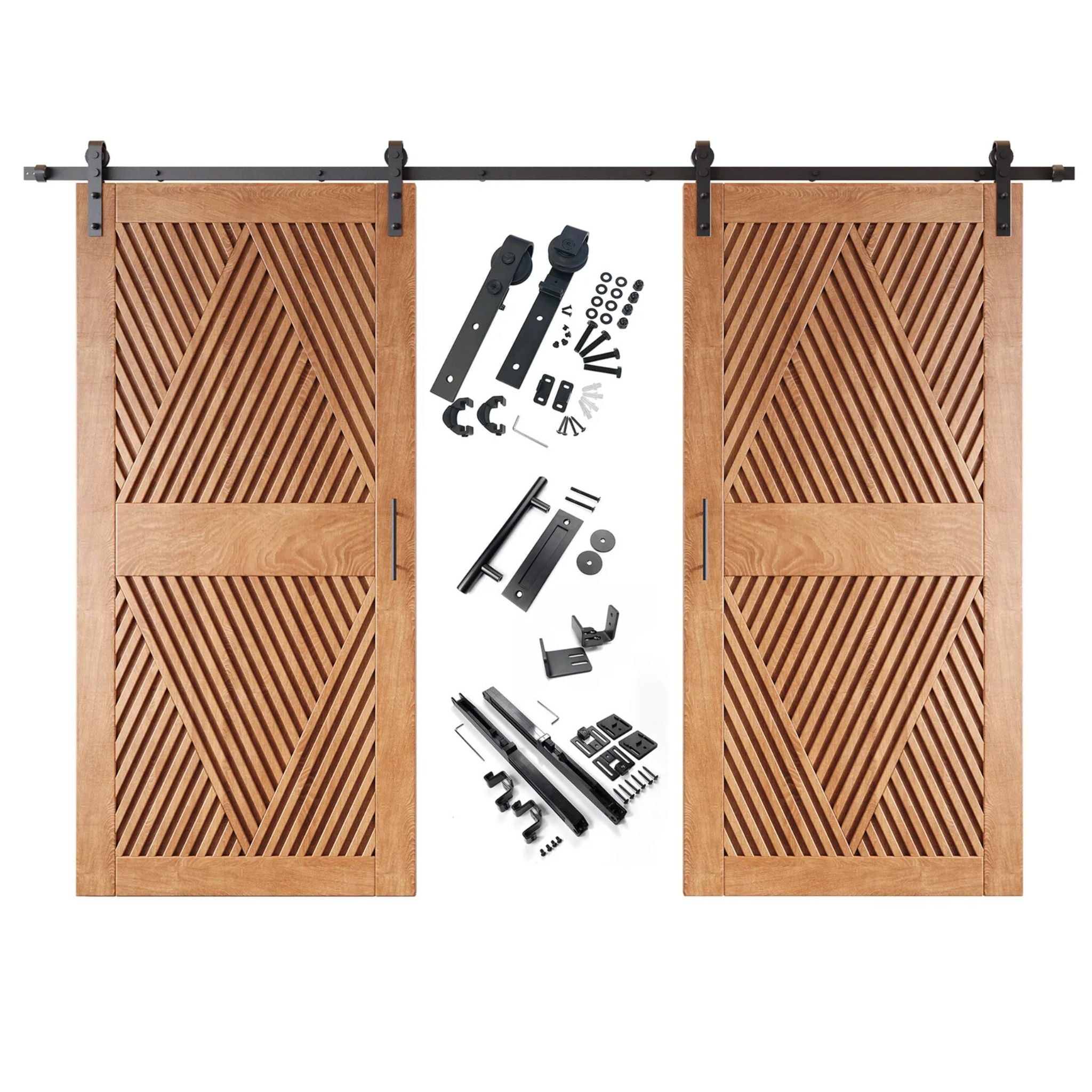 A complete double barn door kit featuring two early American doors with an intricate diamond slat pattern. The black sliding track, rollers, handle, and all mounting components are displayed in the center between the two doors.