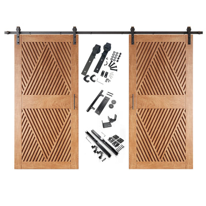A complete double barn door kit featuring two early American doors with an intricate diamond slat pattern. The black sliding track, rollers, handle, and all mounting components are displayed in the center between the two doors.
