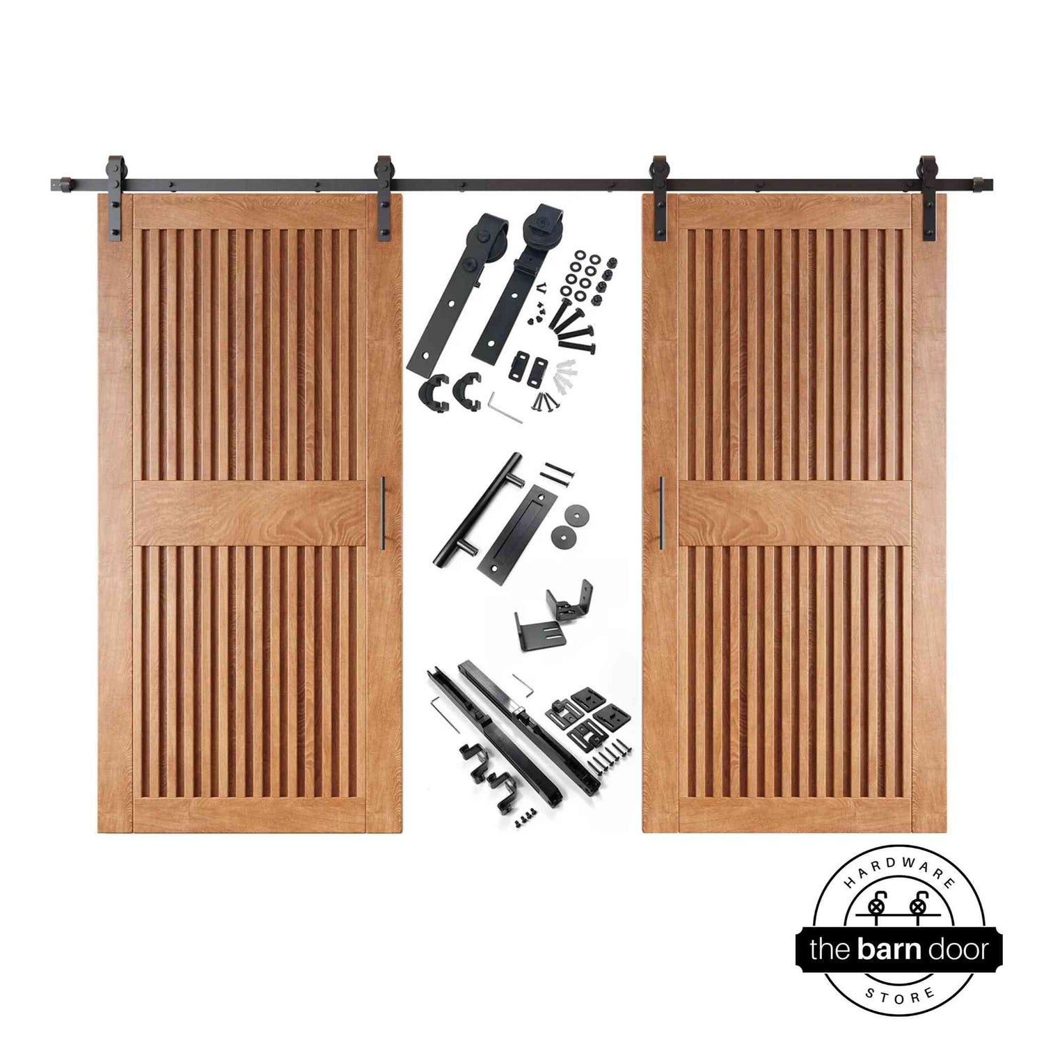 Early American vertical slat barn door set with hardware components on a white background