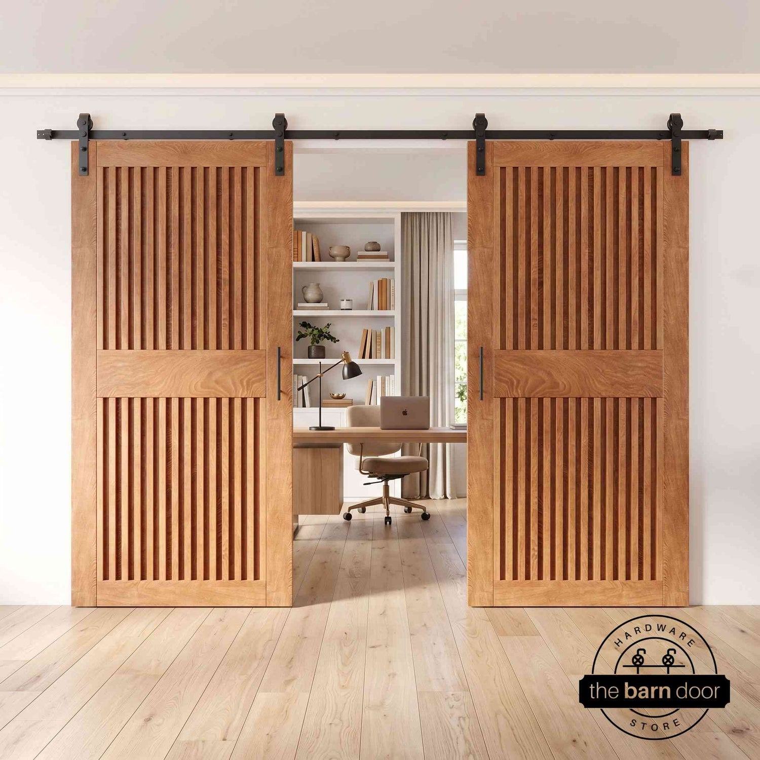 Wooden sliding doors with metal tracks in front of a fireplace.