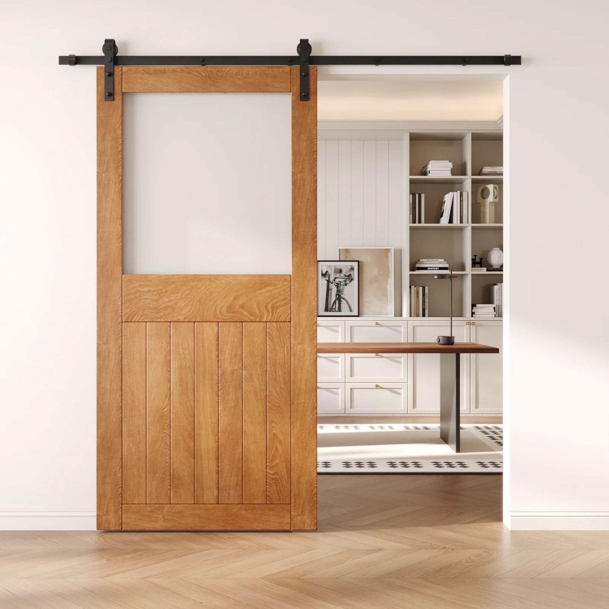 Early American sliding half-lite frosted glass barn door in a modern interior setting with a desk and shelves.