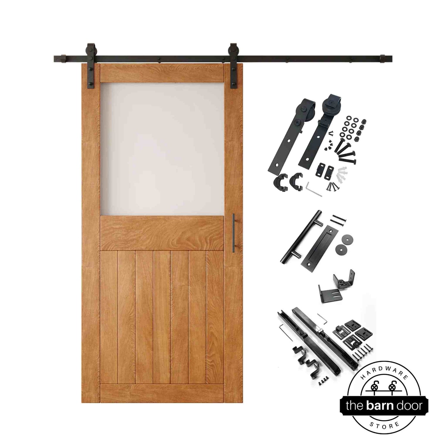Early American half-lite barn door kit with wooden door, hardware, and components on a white background