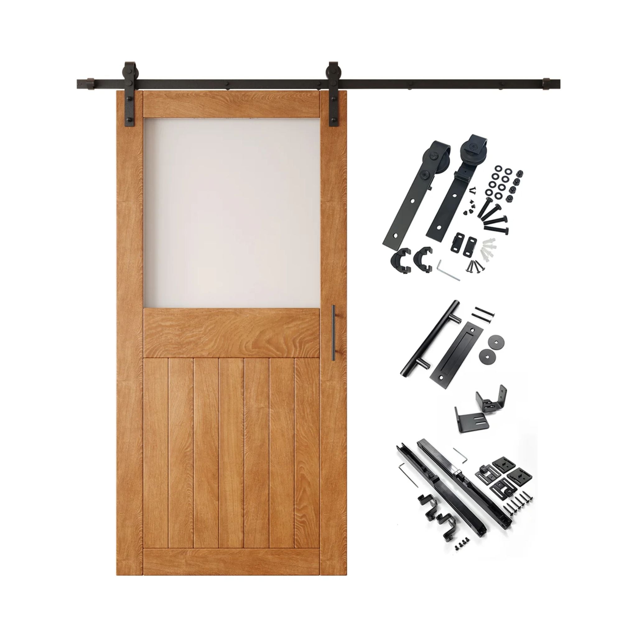 Early American half-lite barn door kit with wooden door, hardware, and components on a white background
