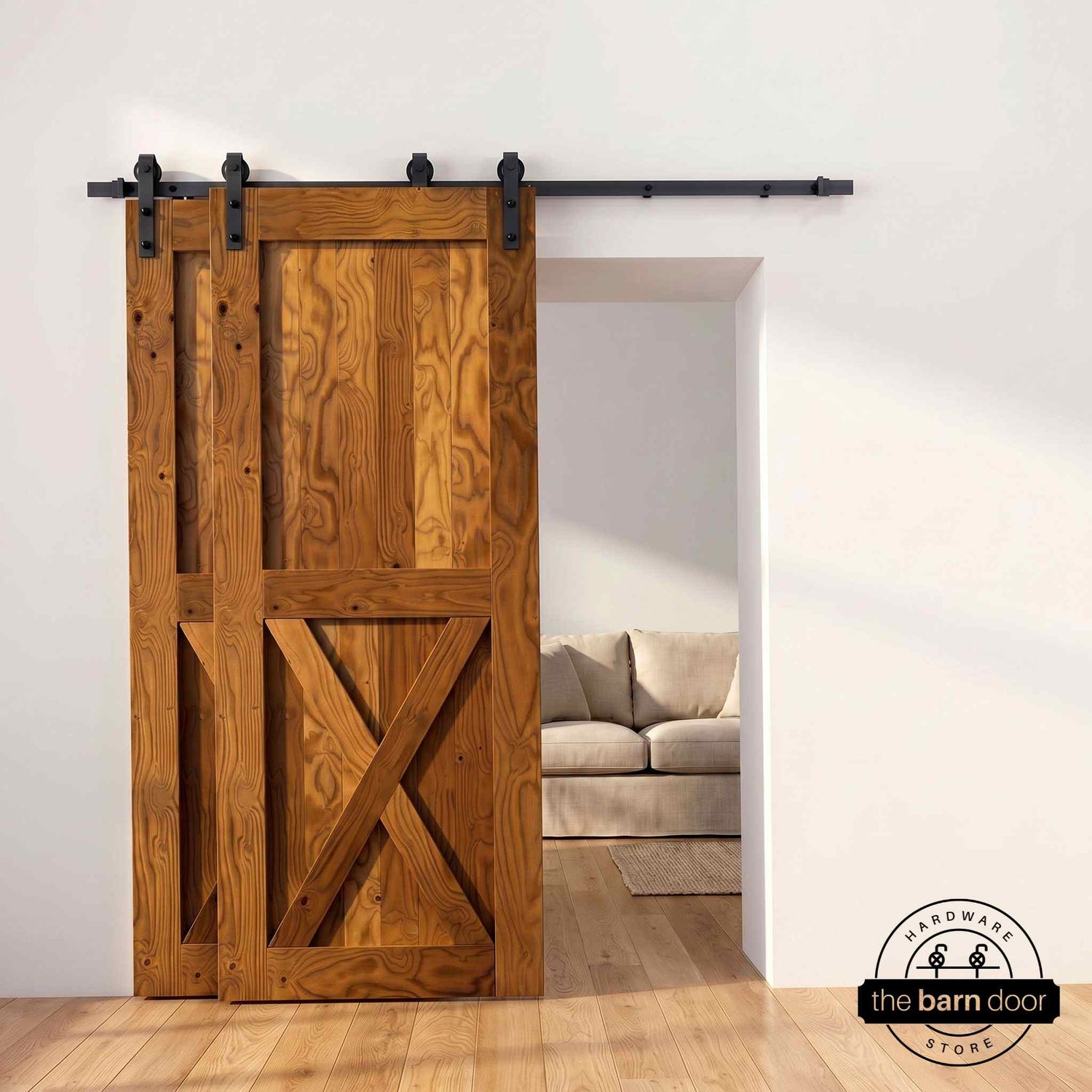 Half-X barn door in early American stain with matte black single bypass sliding hardware