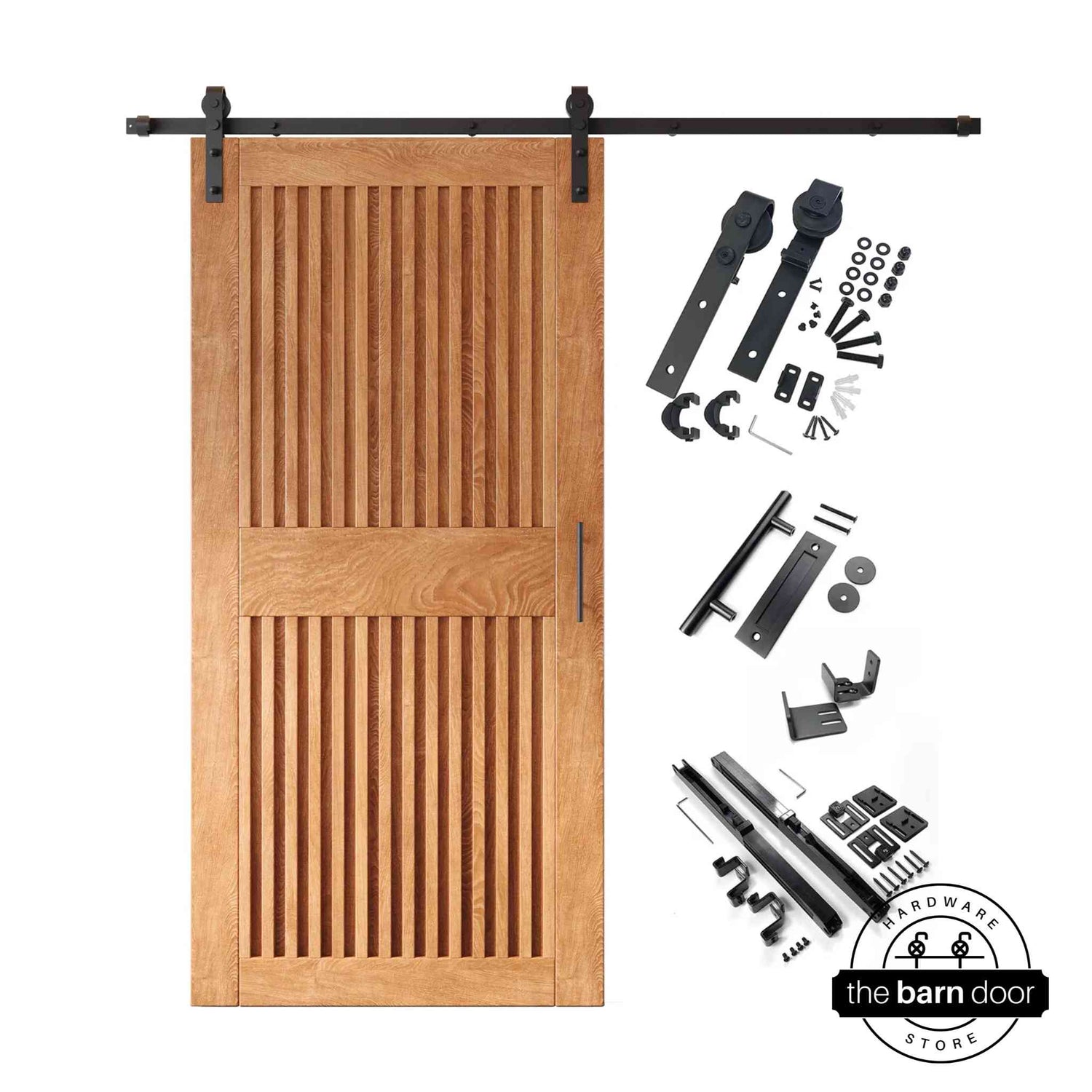Early American barn door kit with wooden door, hardware, and installation parts on a white background