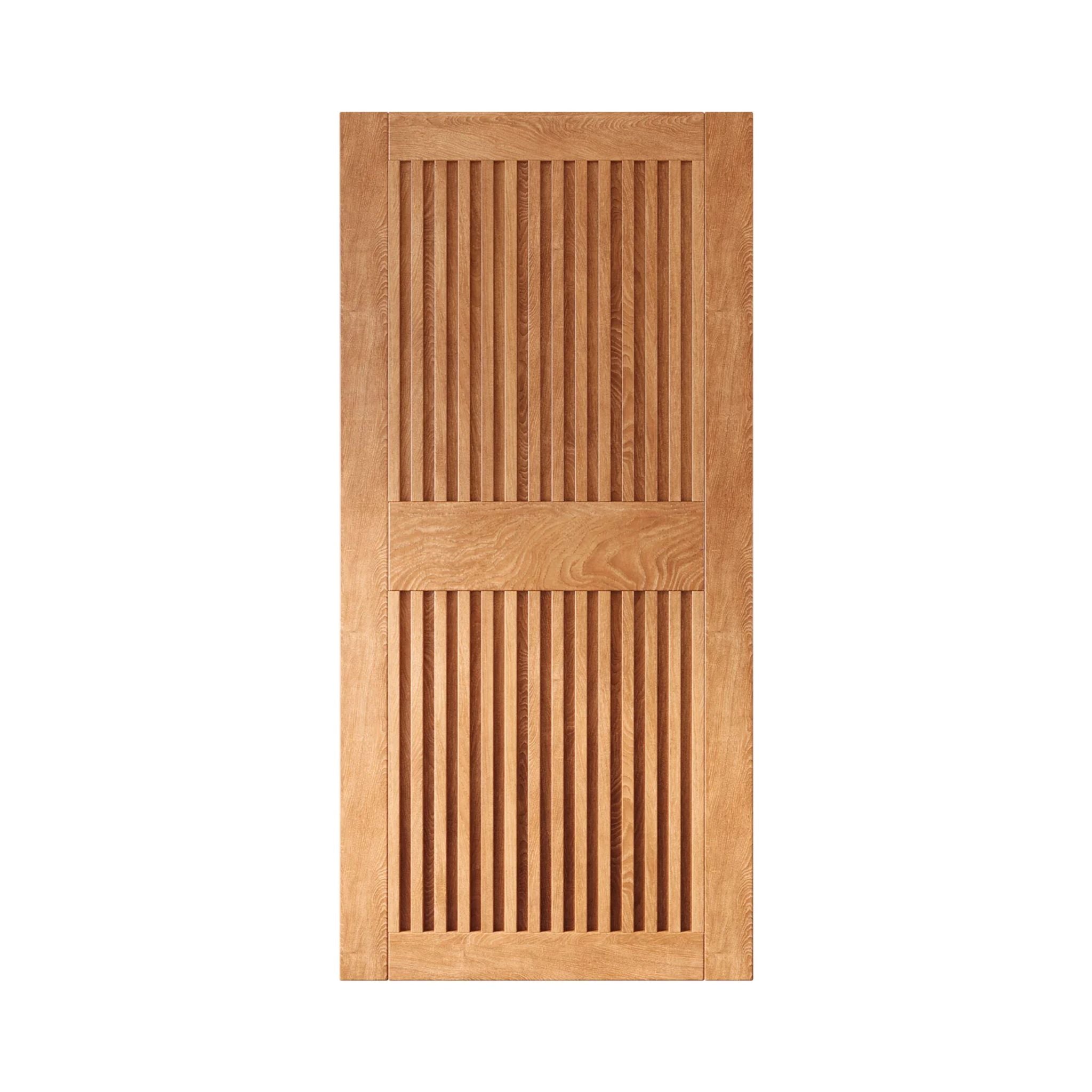 Early American wooden door with slatted design on a white background