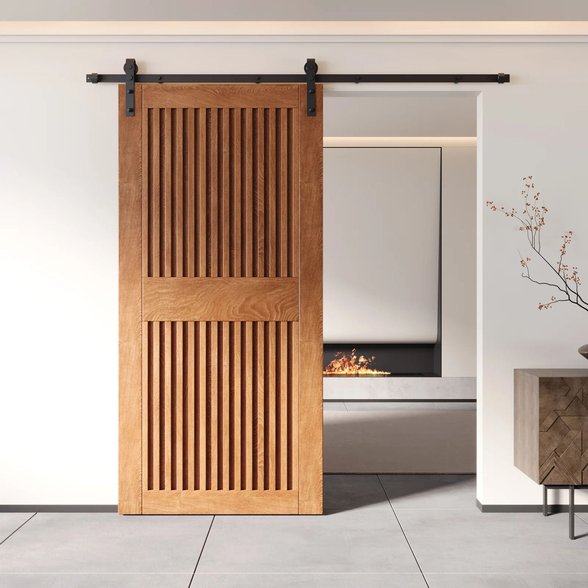 Early American wooden sliding door in a modern interior setting with a fireplace.