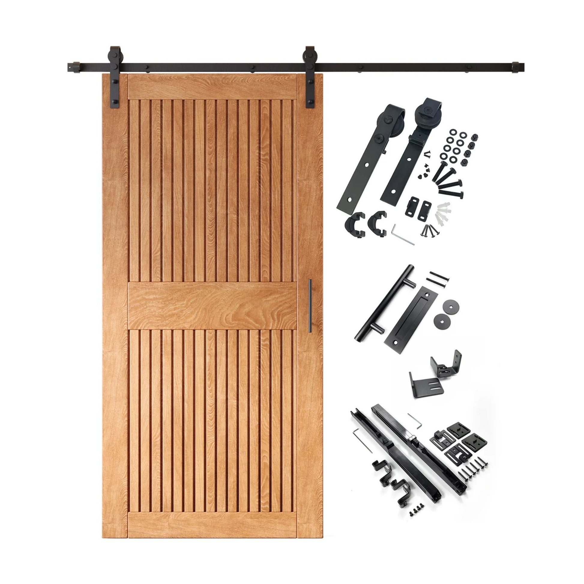 A complete barn door hardware kit featuring an early American vertical plank barn door with a horizontal middle rail, black sliding track, rollers, handle, and all mounting components displayed next to the door.