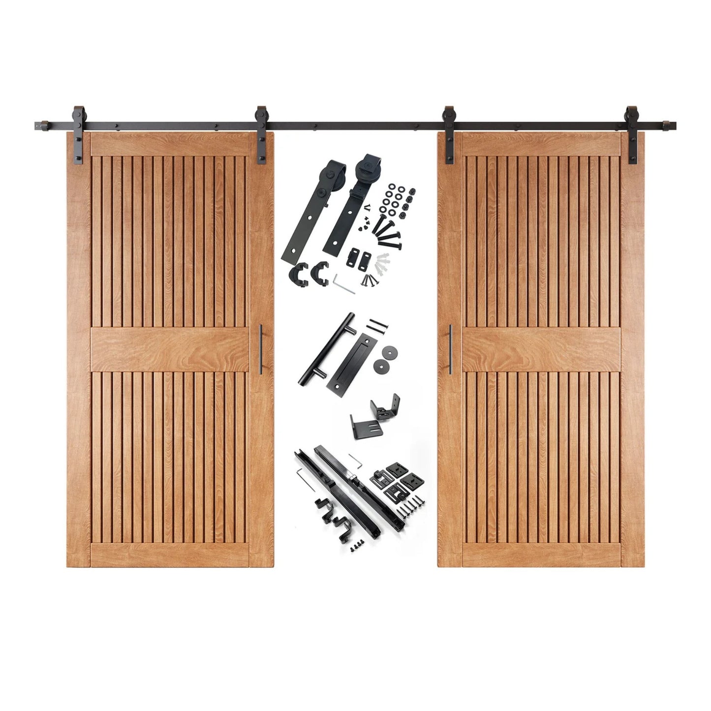 A complete double barn door kit featuring two early American-stained vertical slat doors with horizontal middle rails, black sliding track, rollers, handles, and all mounting components displayed in the center.