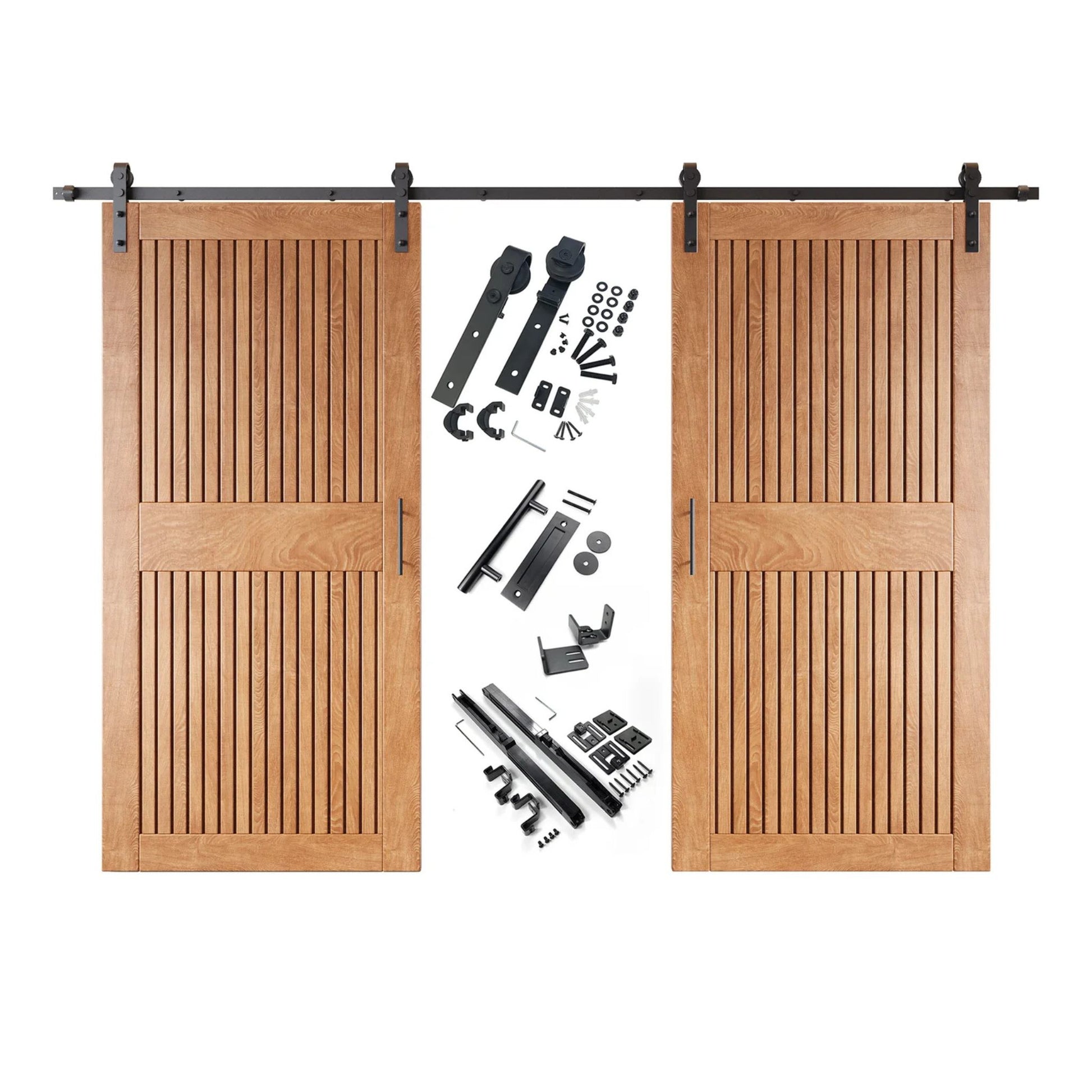 A complete double barn door kit featuring two early American-stained vertical slat doors with horizontal middle rails, black sliding track, rollers, handles, and all mounting components displayed in the center.