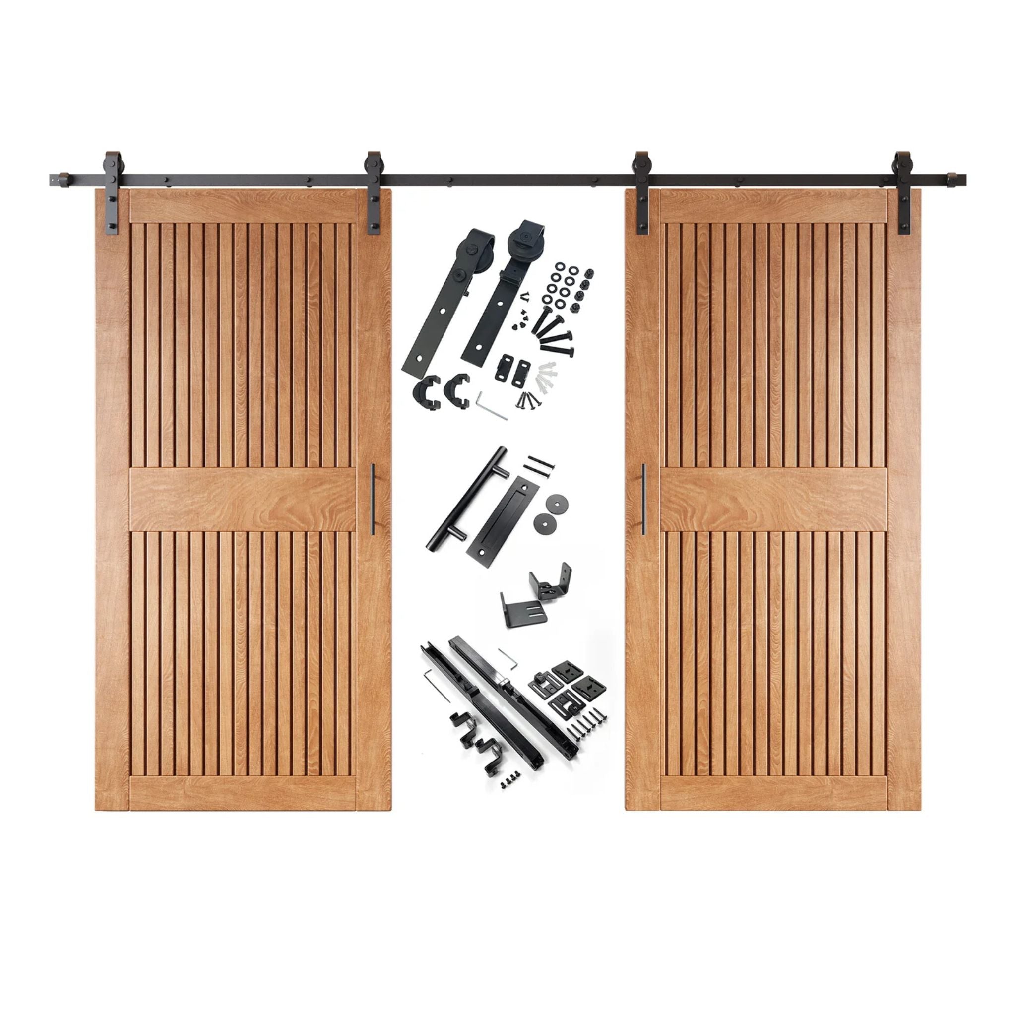 A complete double barn door kit featuring two early American-stained vertical slat doors with horizontal middle rails, black sliding track, rollers, handles, and all mounting components displayed in the center.