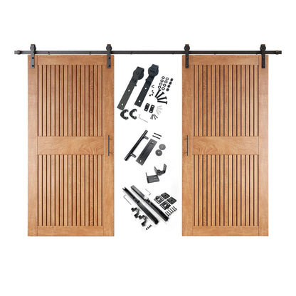 A complete double barn door kit featuring two early American-stained vertical slat doors with horizontal middle rails, black sliding track, rollers, handles, and all mounting components displayed in the center.