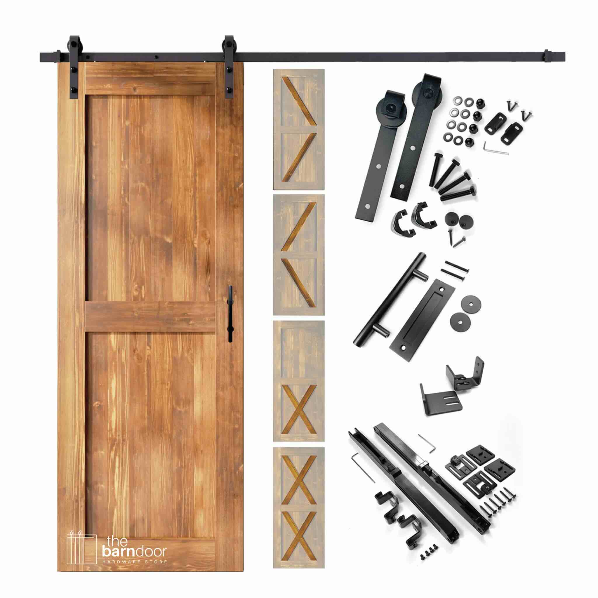 Classic single track barn door kit contents showing a early american pine K-brace barn door with black steel sliding hardware, including rollers, track, wall brackets, door pull handle, floor guide, and anti-jump hardware, with door style variation thumbnails displayed alongside.