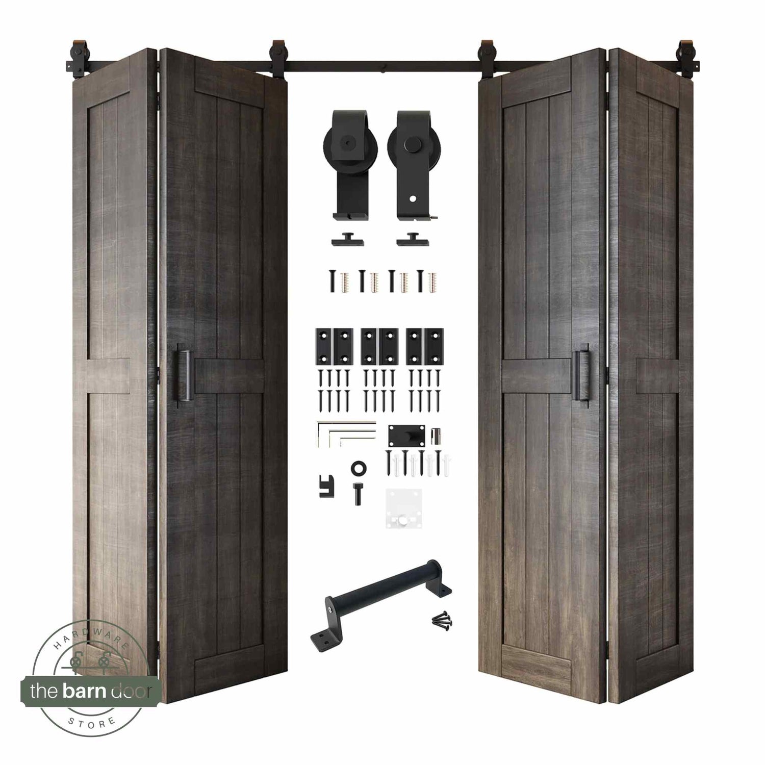 Full kit contents: Four open and partially folded ebony bifold door panels shown with all accompanying Matte Black top-mount hardware components.