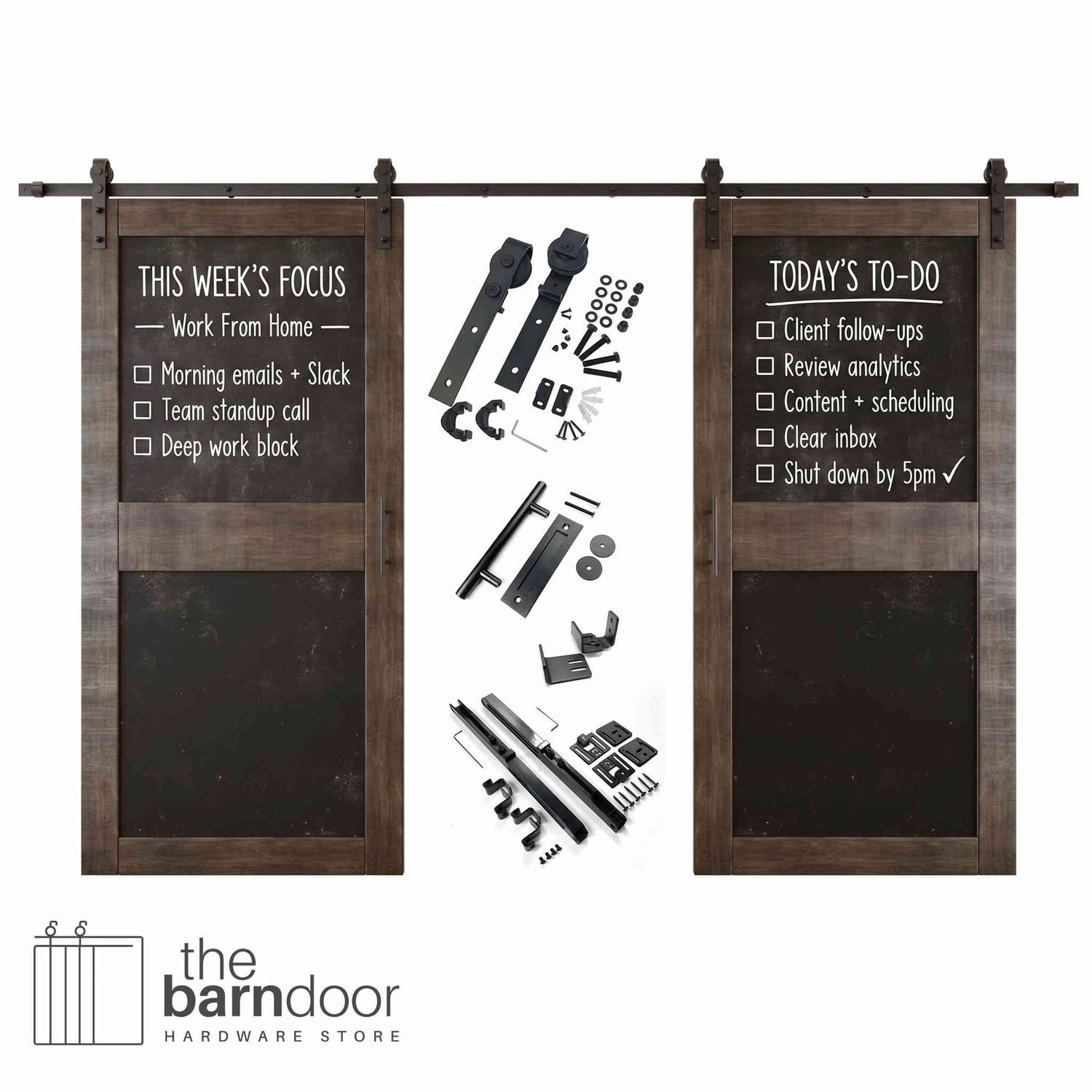 Ebony barn door set with black chalkboard panels and hardware components on a white background