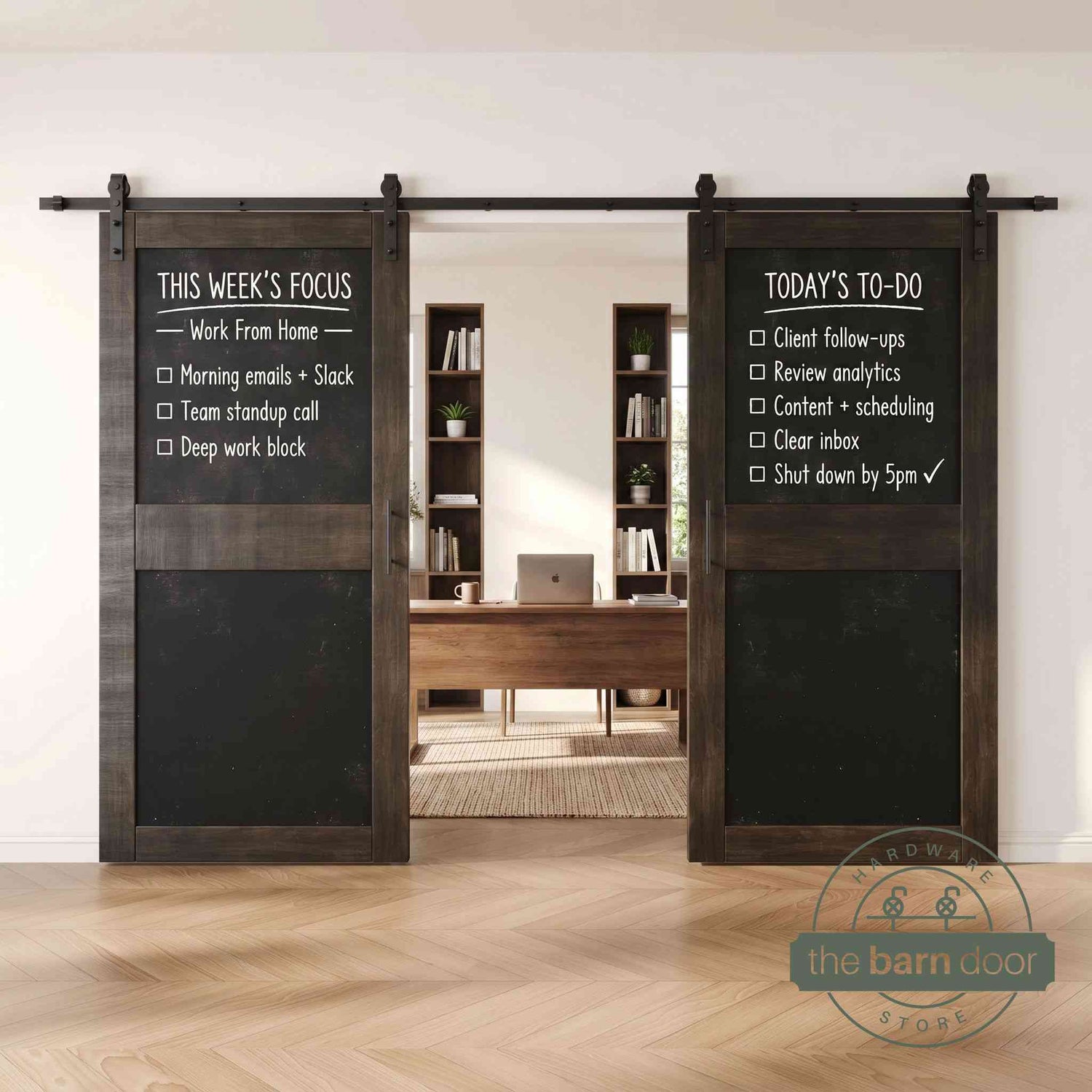 Ebony barn doors with black chalkboard surfaces in a modern interior setting