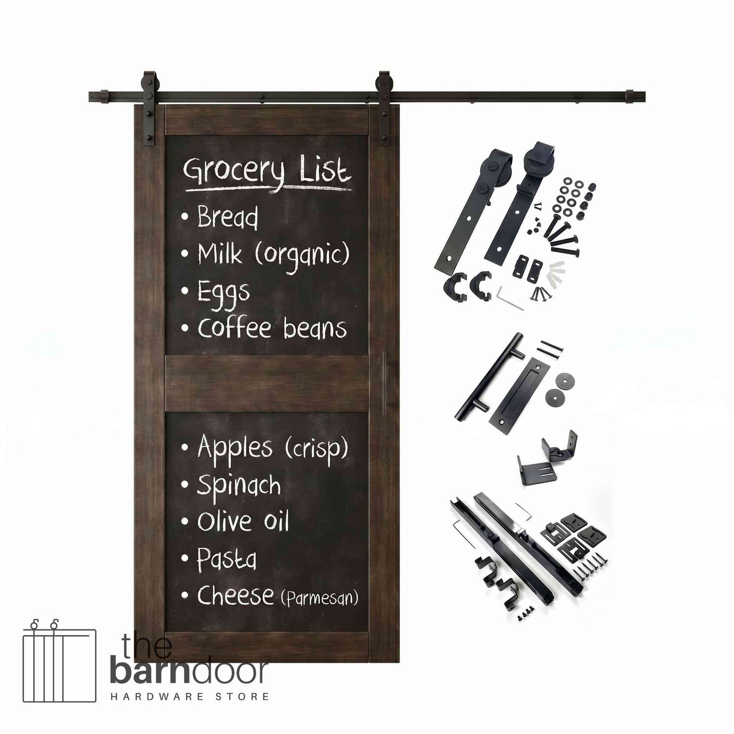 Ebony barn door kit with black chalkboard surface and hardware components on a white background