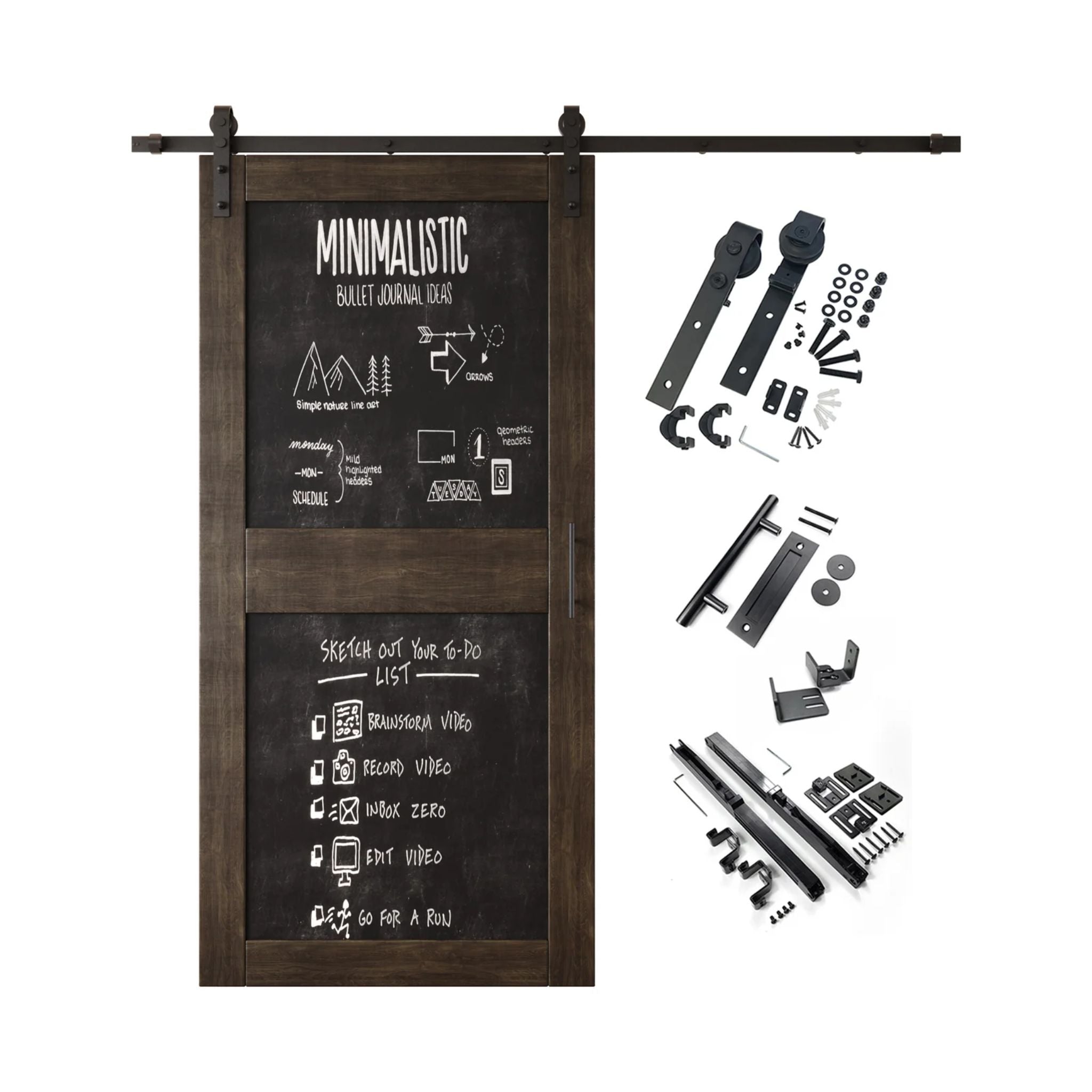 Ebony barn door kit with black chalkboard surface and hardware components on a white background