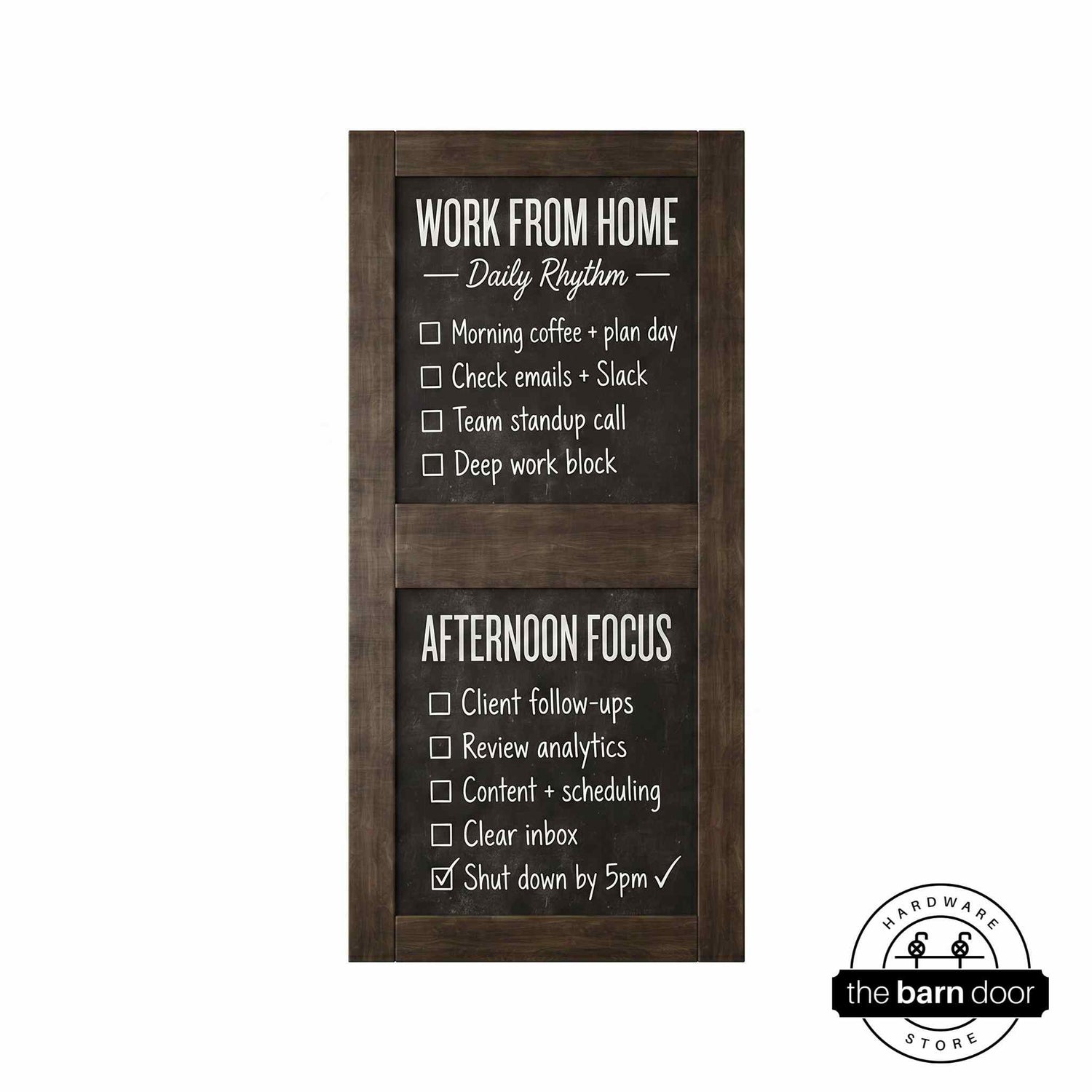 Front view of a vertical ebony chalkboard door with two panels.