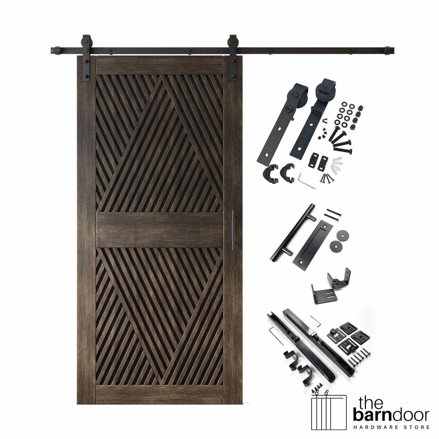 A complete barn door hardware kit featuring a striking ebony barn door with an intricate, open diamond slat pattern, black sliding track, rollers, handle, and all mounting components displayed next to the door.