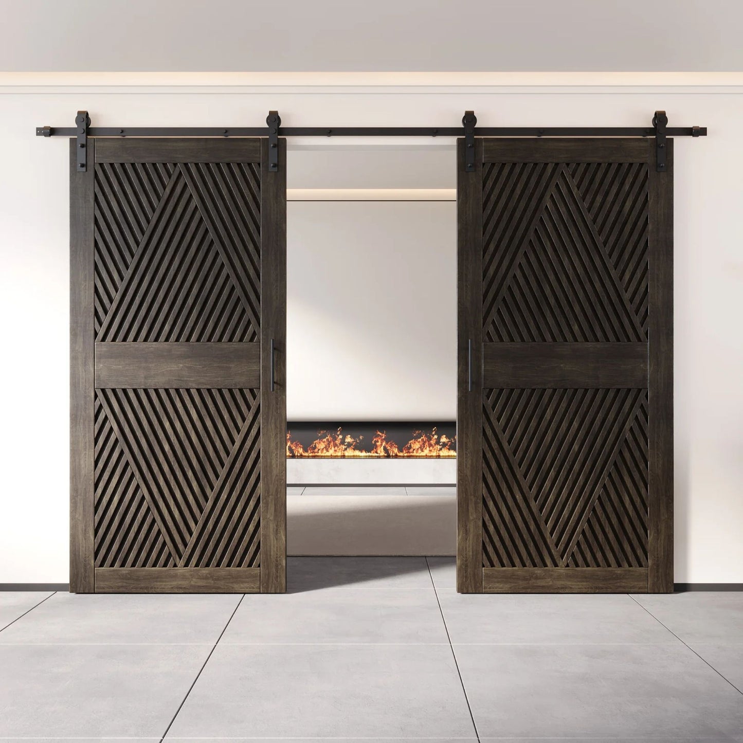 Two fully closed double barn doors in a ebony finish, featuring a bold, intricate diamond slat pattern. The doors are installed with black sliding hardware against a white wall, revealing a modern linear fireplace in the space behind them.