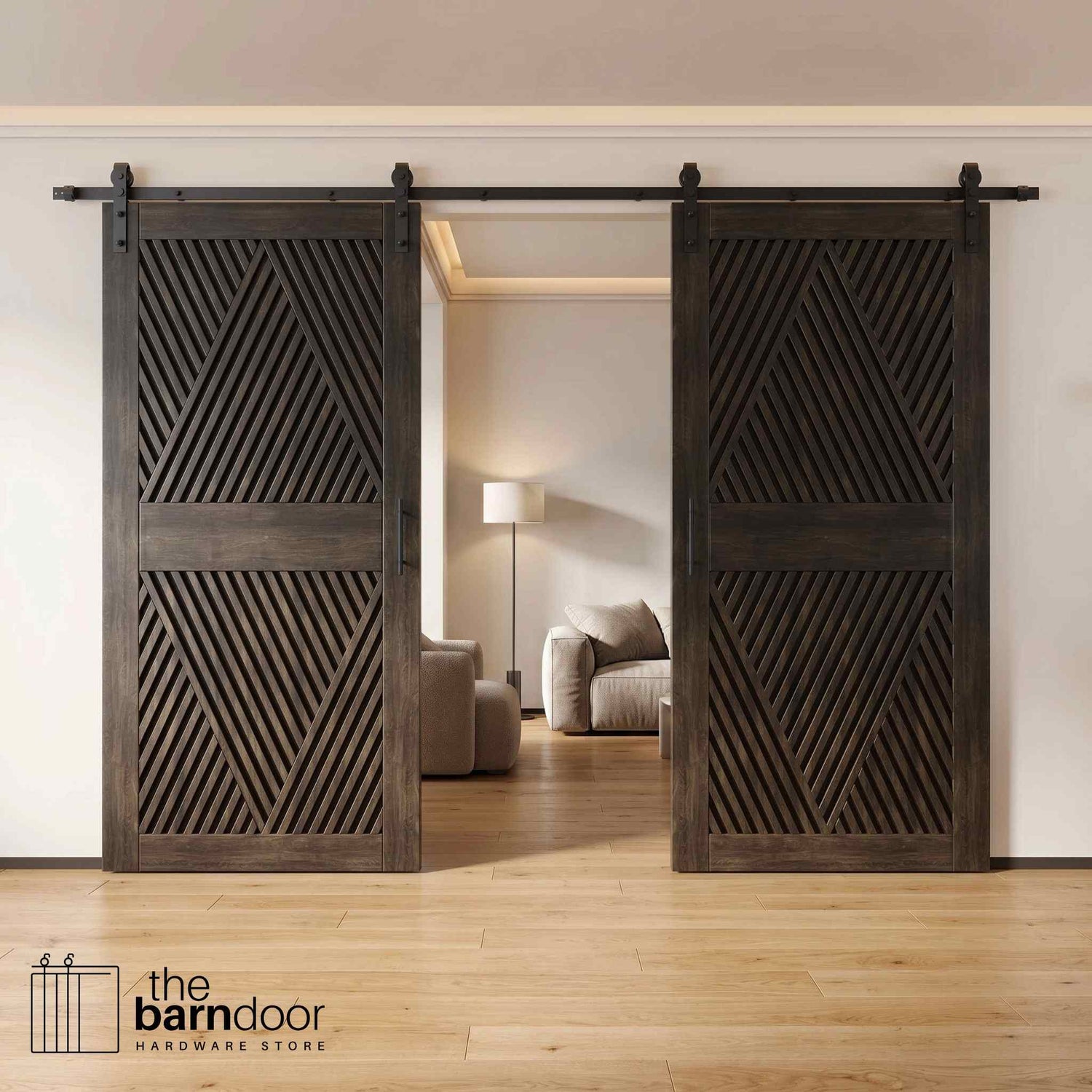 Two fully closed double barn doors in a ebony finish, featuring a bold, intricate diamond slat pattern. The doors are installed with black sliding hardware against a white wall, revealing a modern linear fireplace in the space behind them.