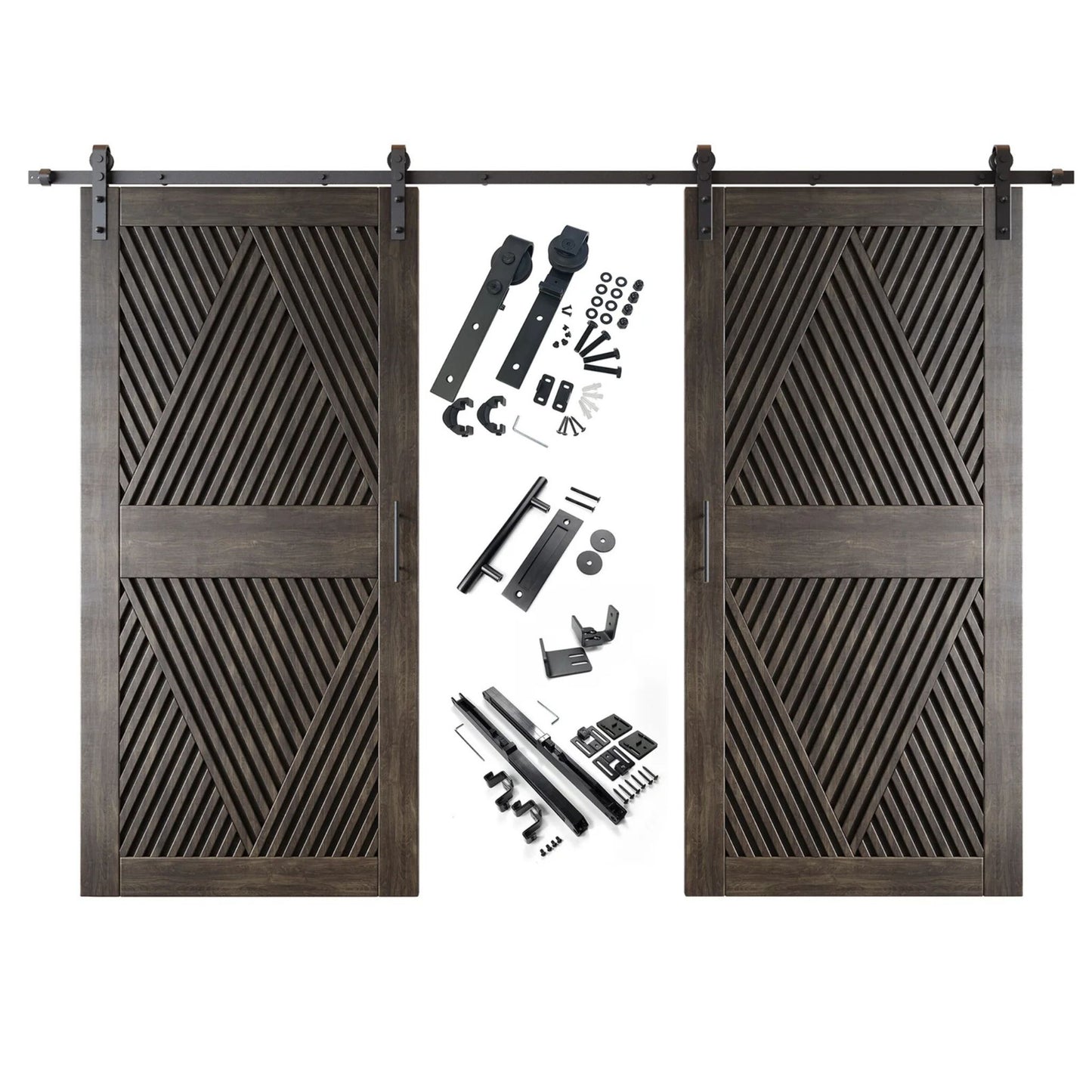 A complete double barn door kit featuring two ebony doors with an intricate diamond slat pattern. The black sliding track, rollers, handle, and all mounting components are displayed in the center between the two doors.
