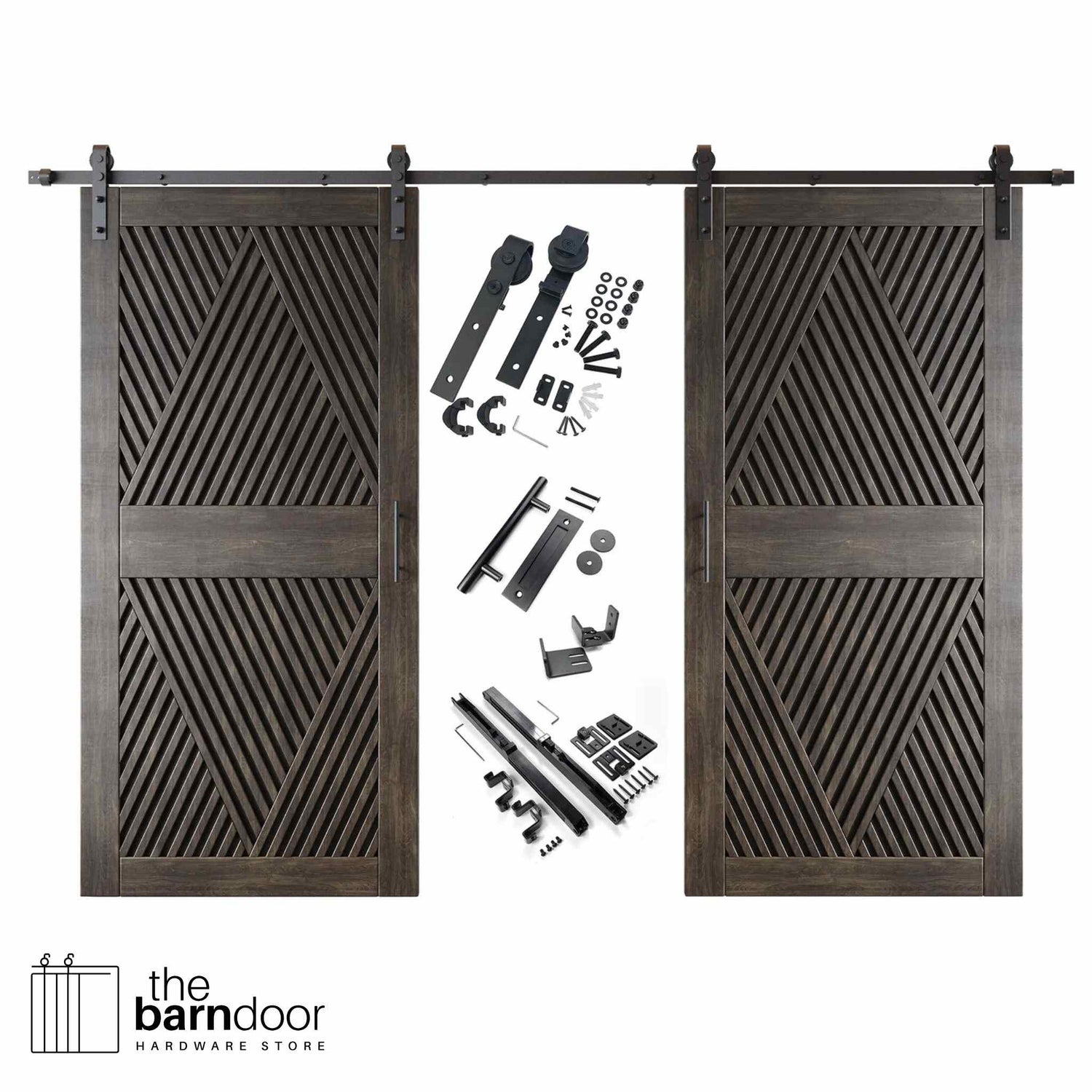 A complete double barn door kit featuring two ebony doors with an intricate diamond slat pattern. The black sliding track, rollers, handle, and all mounting components are displayed in the center between the two doors.