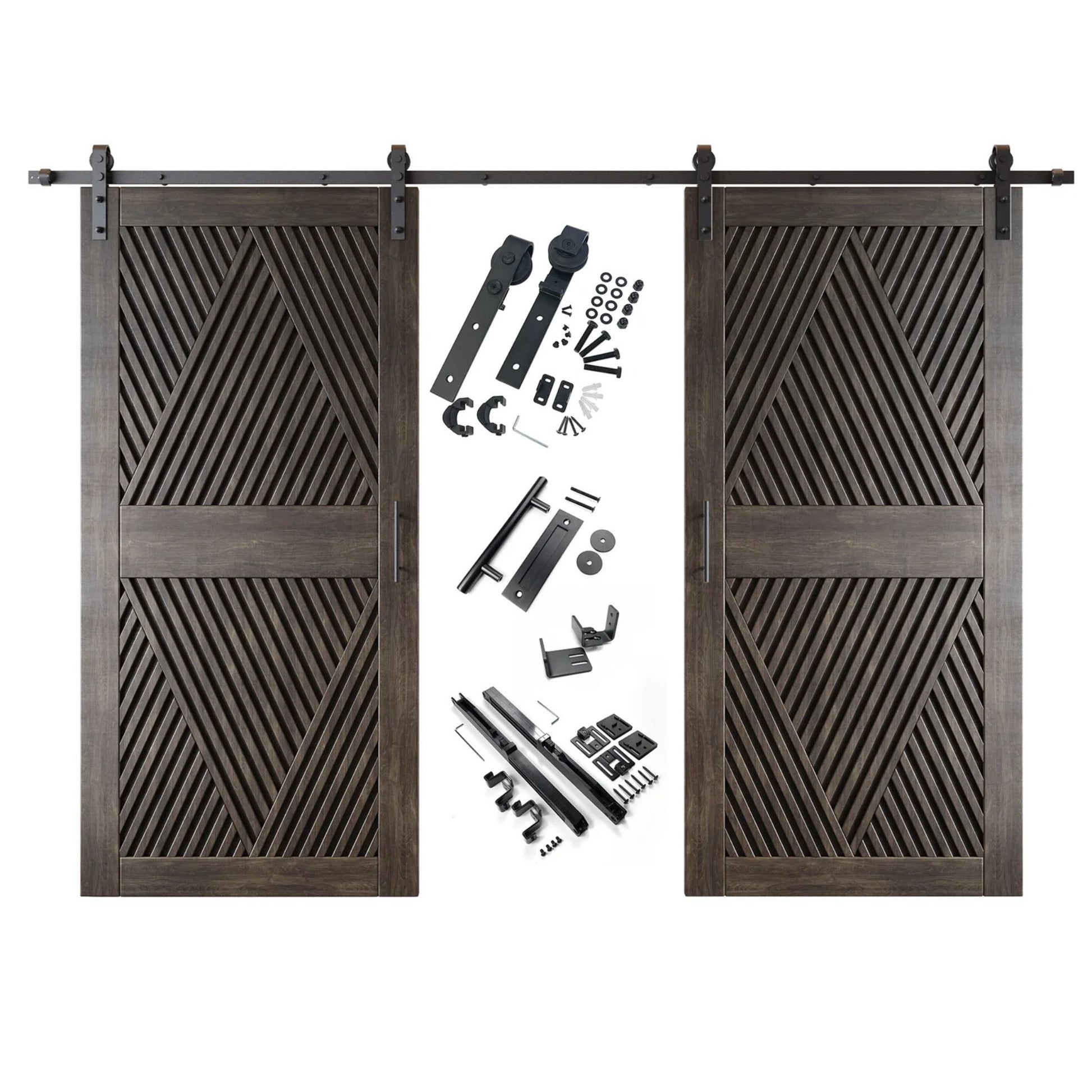 A complete double barn door kit featuring two ebony doors with an intricate diamond slat pattern. The black sliding track, rollers, handle, and all mounting components are displayed in the center between the two doors.