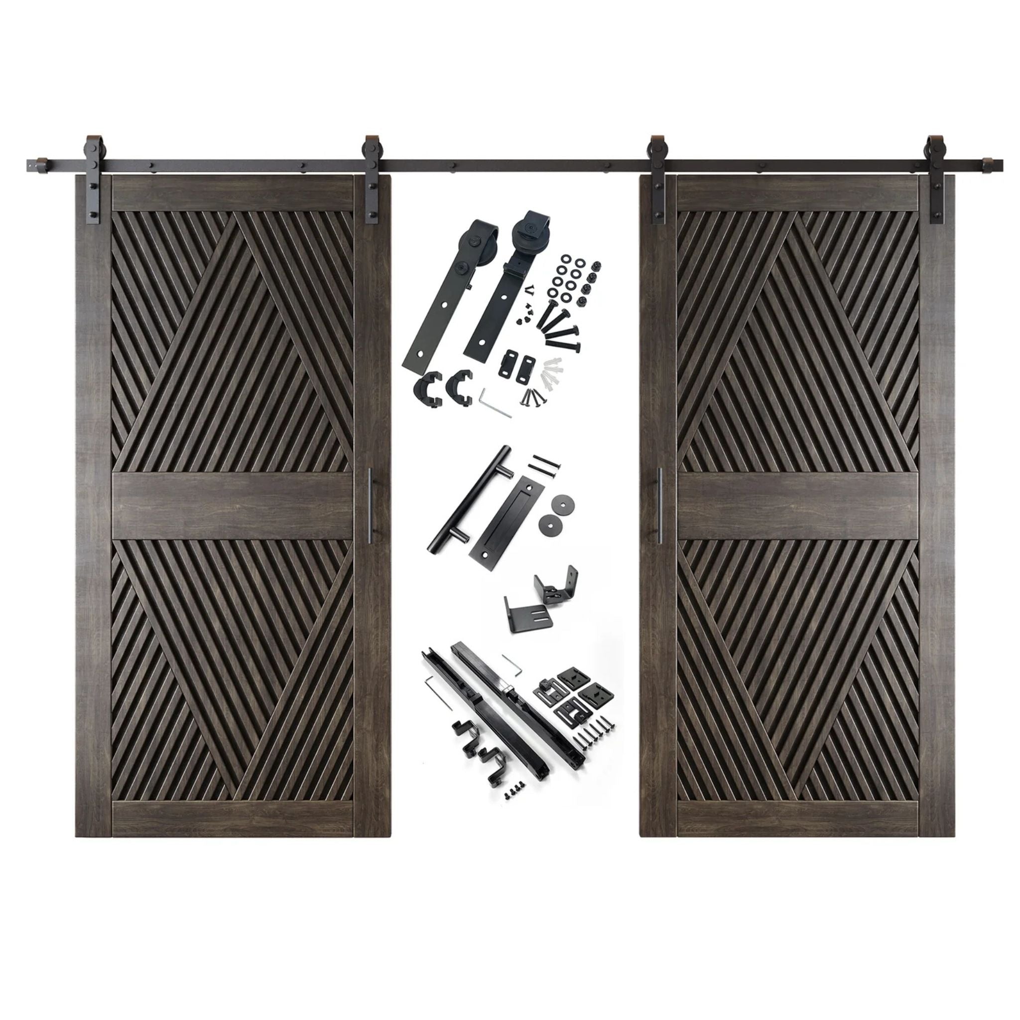 A complete double barn door kit featuring two ebony doors with an intricate diamond slat pattern. The black sliding track, rollers, handle, and all mounting components are displayed in the center between the two doors.