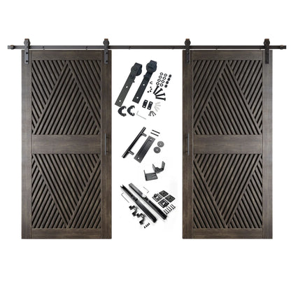 A complete double barn door kit featuring two ebony doors with an intricate diamond slat pattern. The black sliding track, rollers, handle, and all mounting components are displayed in the center between the two doors.