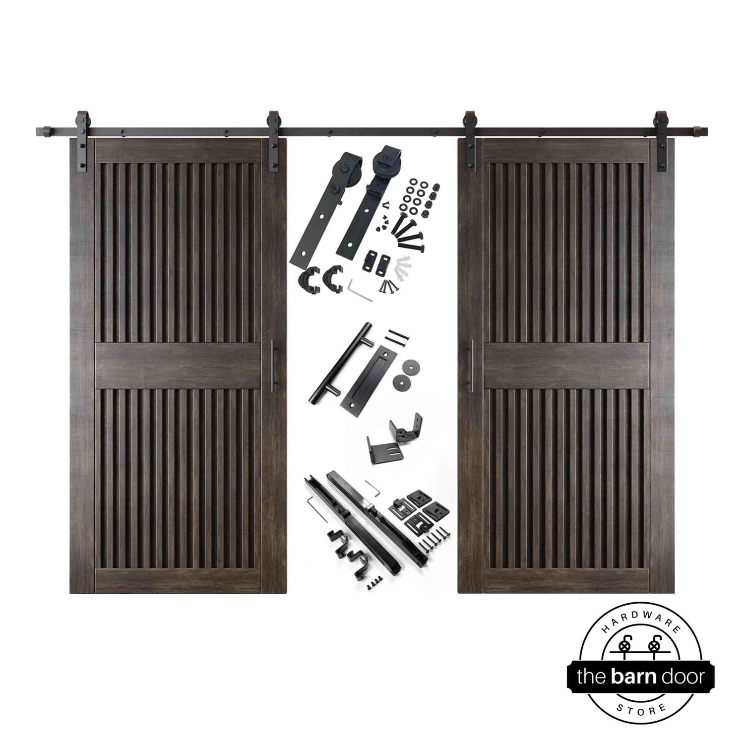 Ebony vertical slat barn door set with hardware components on a white background