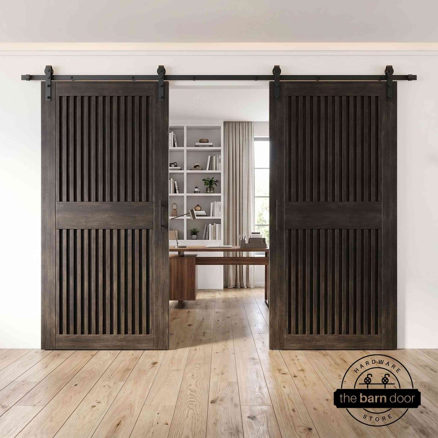 Wooden sliding doors with metal tracks in front of a modern fireplace.